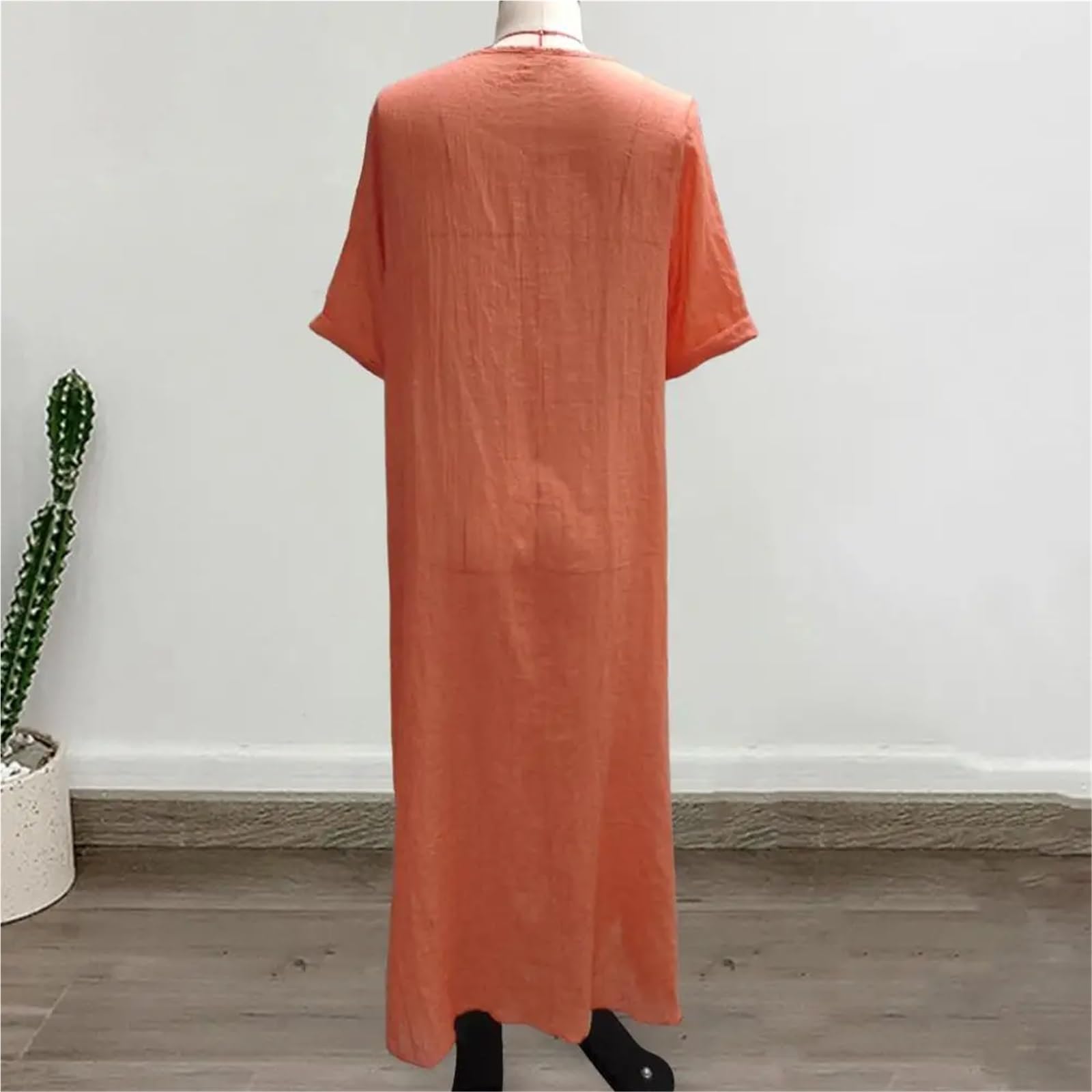 Vestido de Playa algodón y Lino, Suelto, con Cuello en V, Vintage, Recto, Transpirable, Vestidos Largos