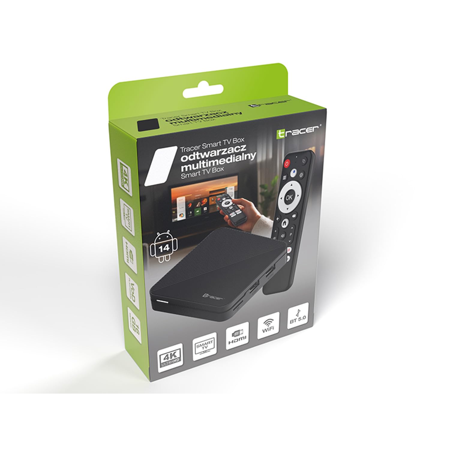 Lecteur multimédia Tracer TV Box | Android 14 4K HDR Wi-Fi Bluetooth 5.0 2 Go de RAM 16 Go de mémoire Quad Core ARM Cortex-A53 Mali-G31 port HDMI LAN | télécommande incluse