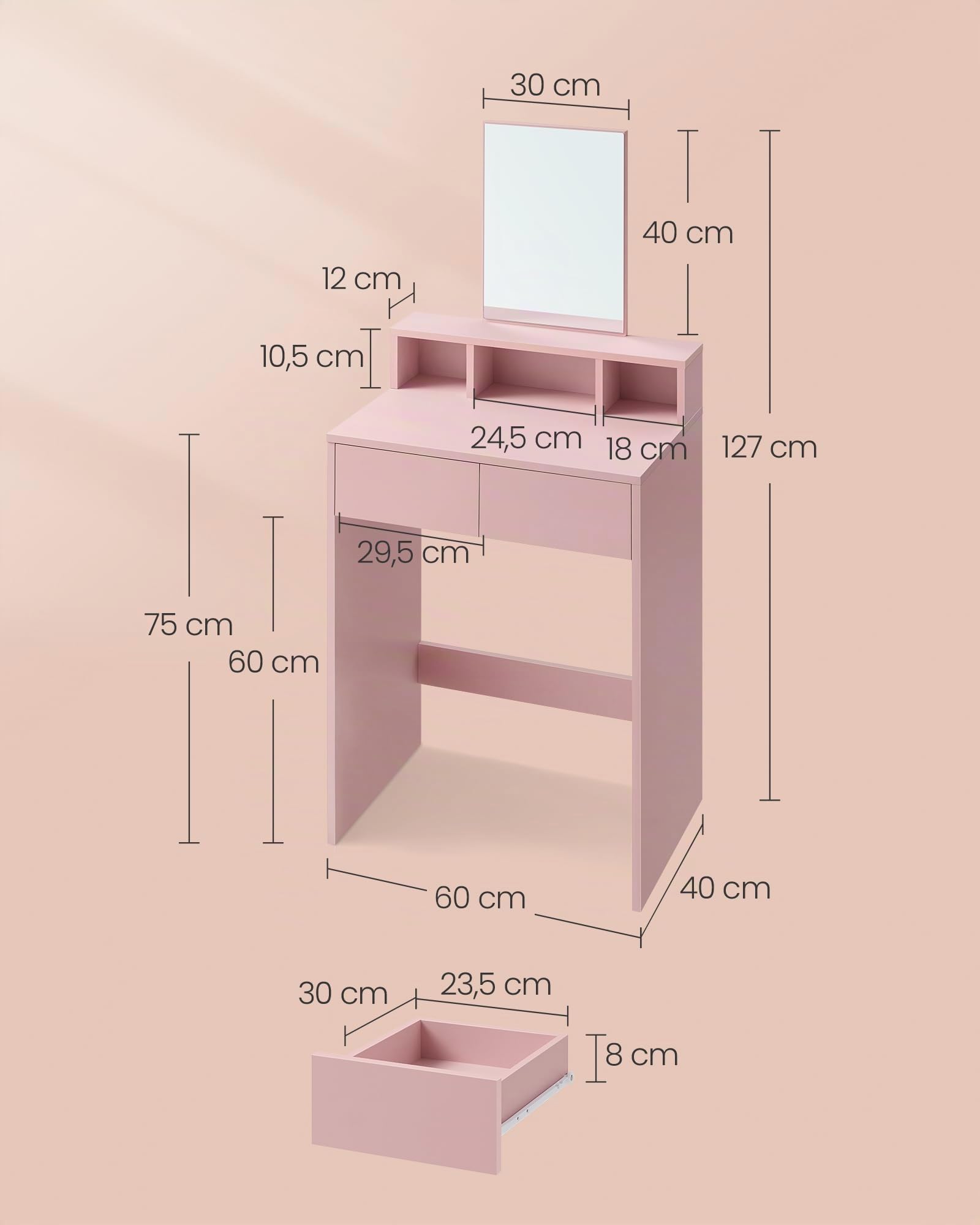 VASAGLE KAILYN Collezione - Toeletta con Specchio Grande, Postazione Trucco con 2 Cassetti e 3 Scomparti, Tavolo da Trucco, Stile Moderno, 40 x 60 x 127 cm, Rosa Pastello RDT103R01