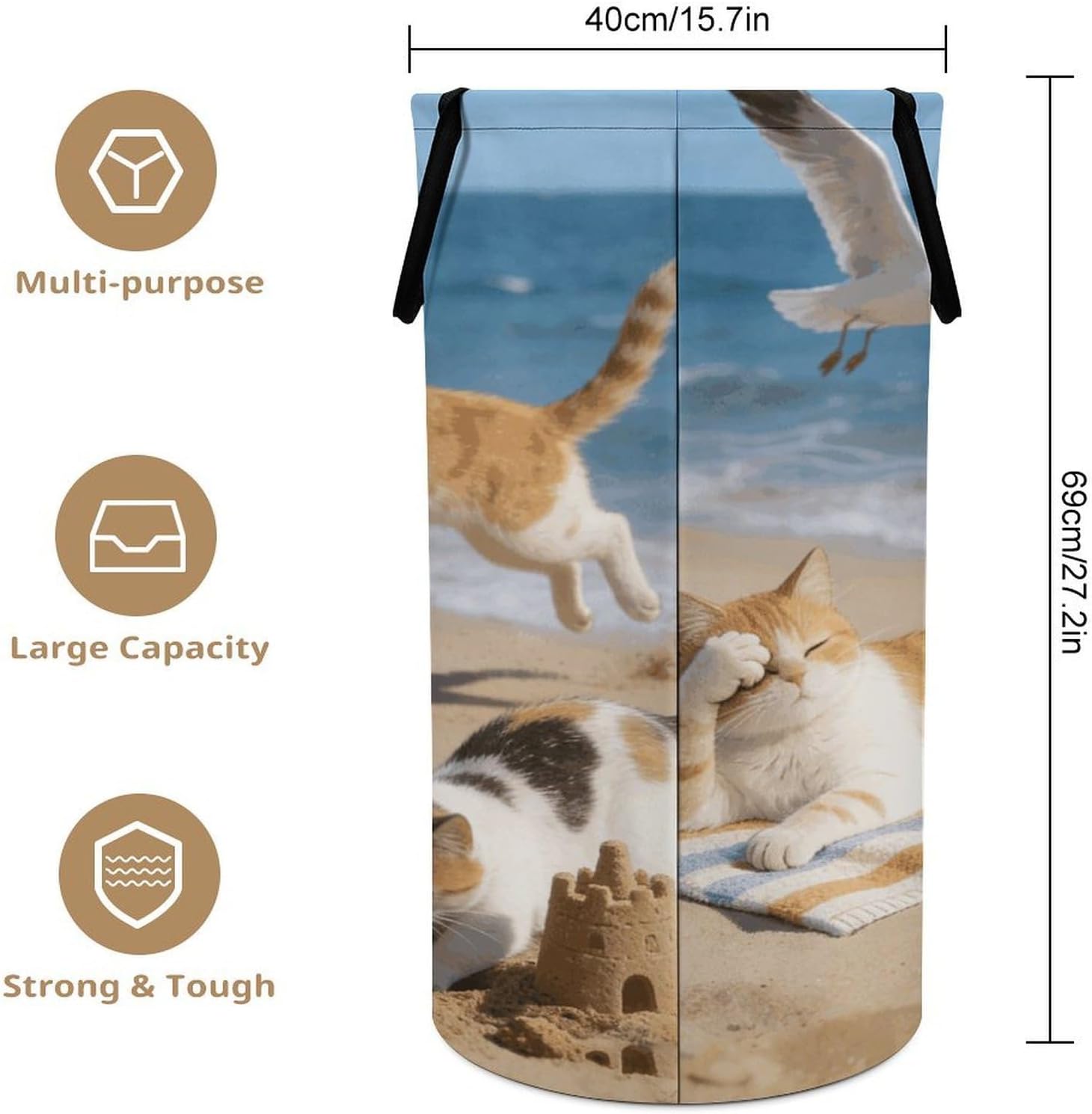 Collapsible Beach Cat Fun Laundry Hamper Large Portable Laundry Basket with Handles Lightweight Dirty Clothes Storage Bin for Bedroom Laundry Room College Dorm image 2