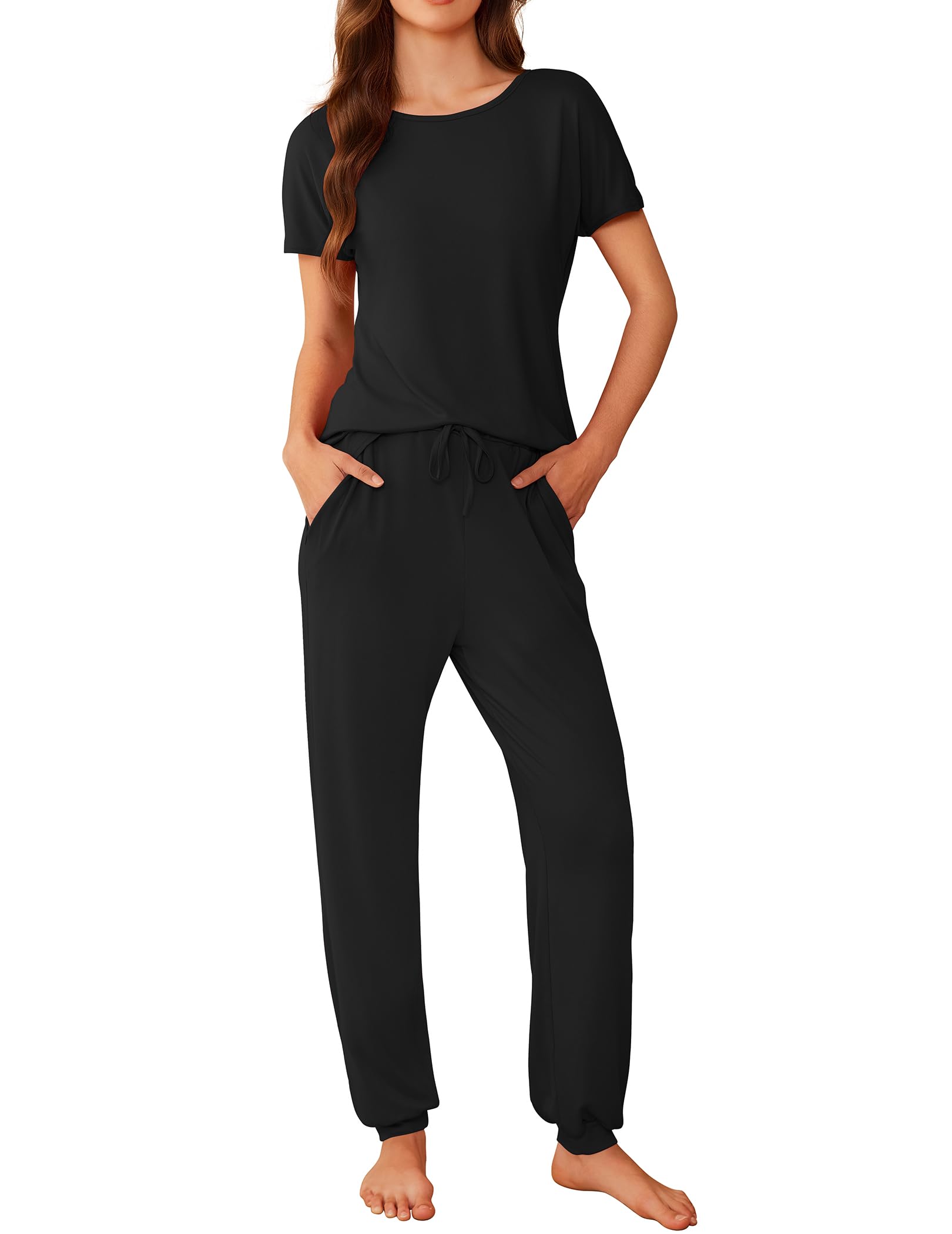 Ekouaer Schlafanzug Damen Kurzarm Süß Print Pyjama Set Sommer Sleepwear Zweiteiliger Nachtwäsche mit Taschen