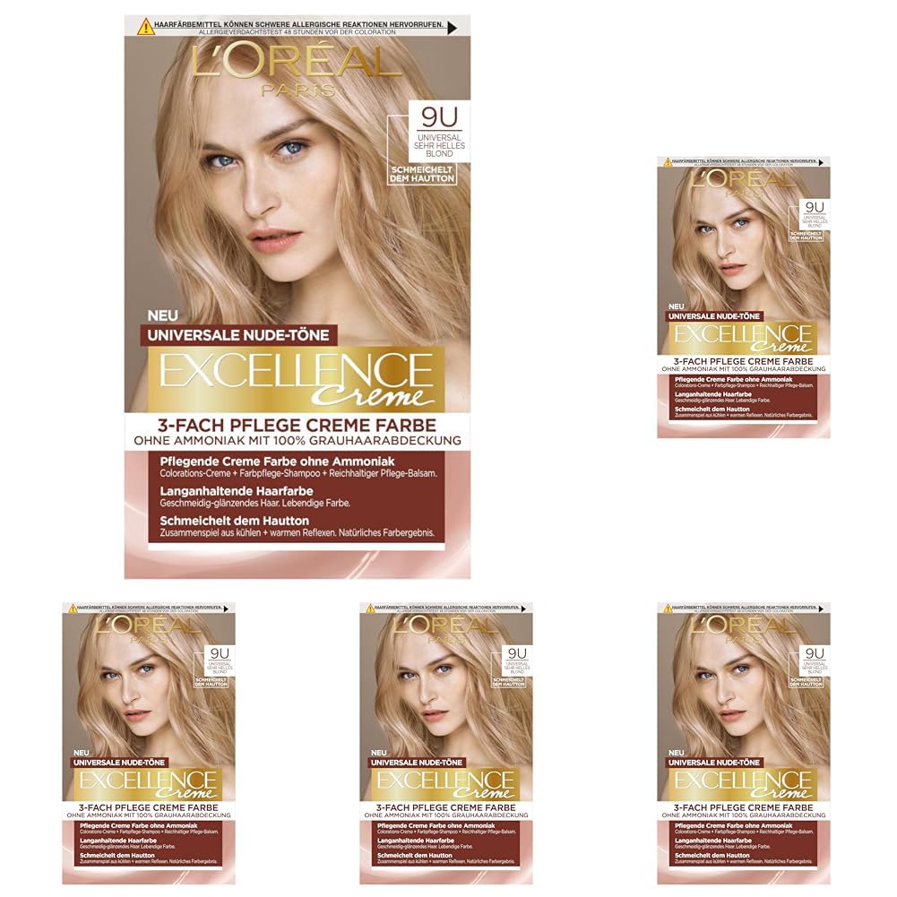 L'Oréal Paris Permanente Haarfarbe für jeden Hautton, Coloration ohne Ammoniak, Universale Nude-Töne mit vollständiger Grauhaarabdeckung, Excellence Creme, Nr. 9U Sehr helles Blond (Blond), 1 Stück