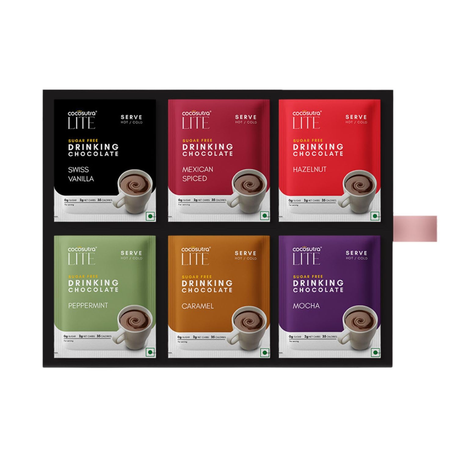 Cocosutra LITE Sugar Free Drinking Chocolate Hamper | 2 * 6 Single Serve Sachets | 6 Premium Hot Chocolate Flavors | Low Carb, Low Calorie | Stevia & Erythritol based | Healthy Gift | Vegan | 240g