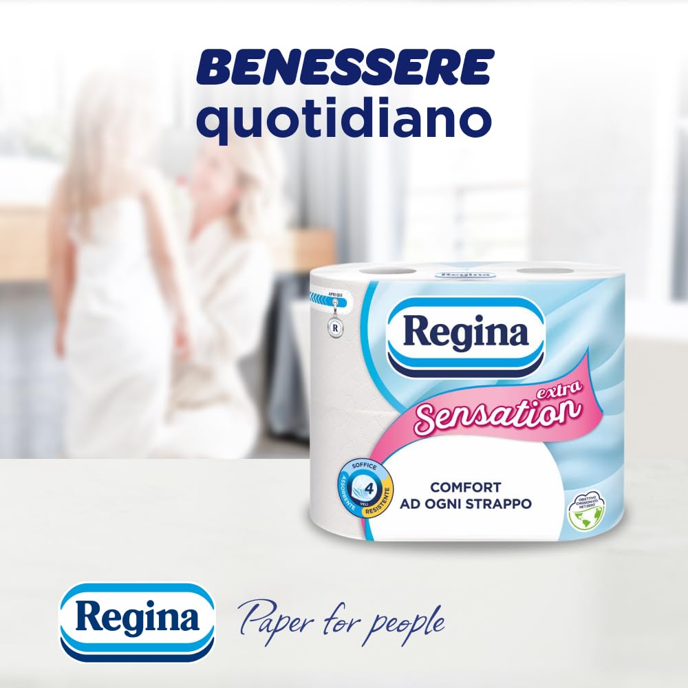 Regina Sensation Extra - 28 Rotoli di Carta Igienica, 170 Soffici Fogli a 4 Veli, Comfort ad Ogni Strappo, Confezione con il 60% di Plastica Riciclata, Carta 100% Certificata FSC