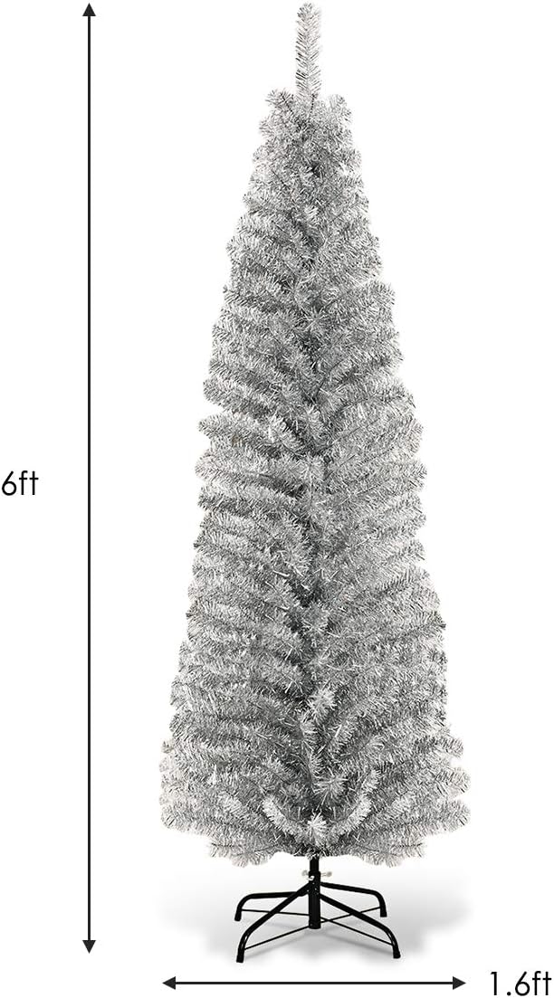 Artificial Pencil Christmas Tree, Electroplated Premium Slim Tree, Xmas Decor for Indoor and Outdoor, Suitable for Office, Store and Home (Silver, 6FT)