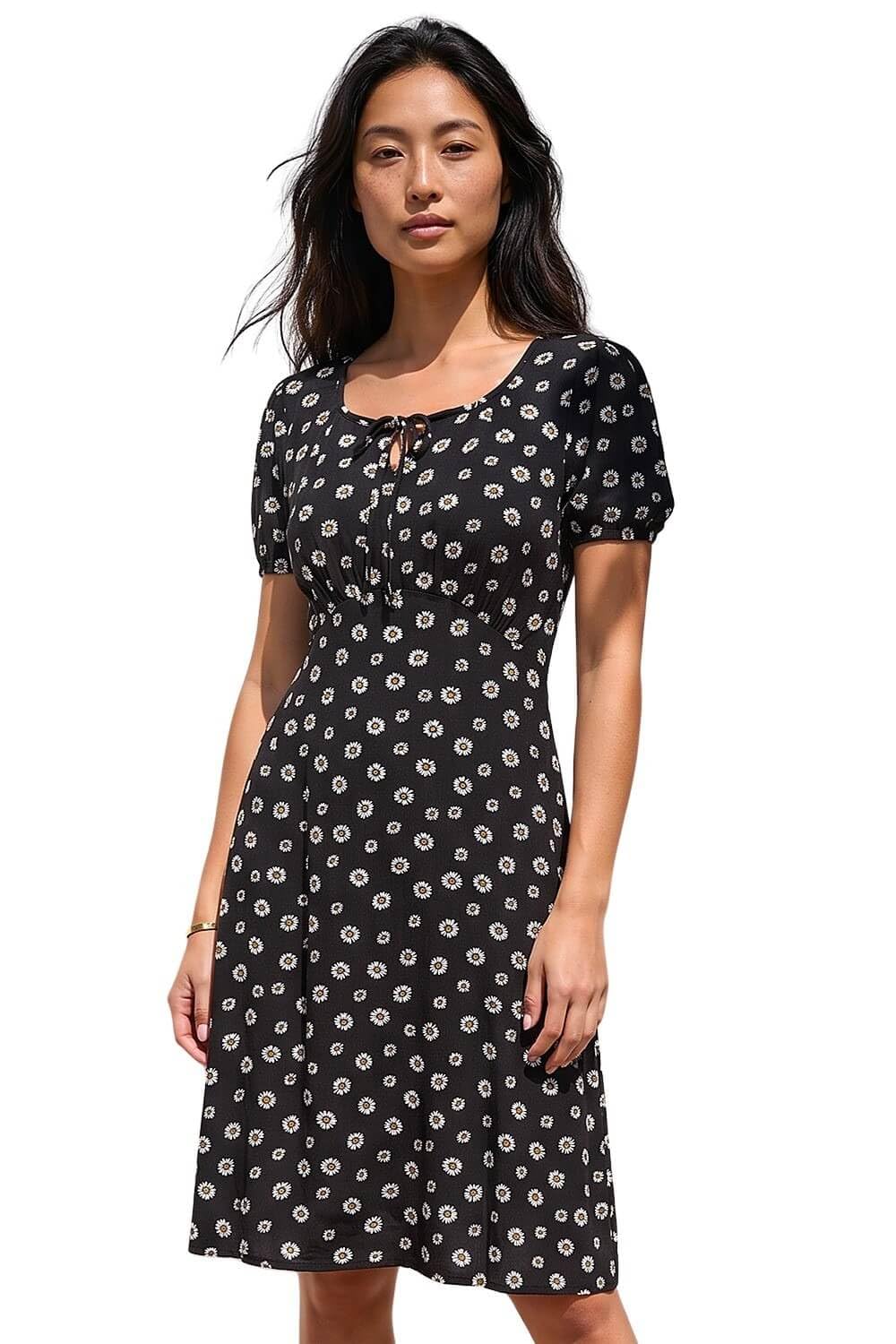 Roman Petite Ditsy Floral Tie Detail Dress - Black