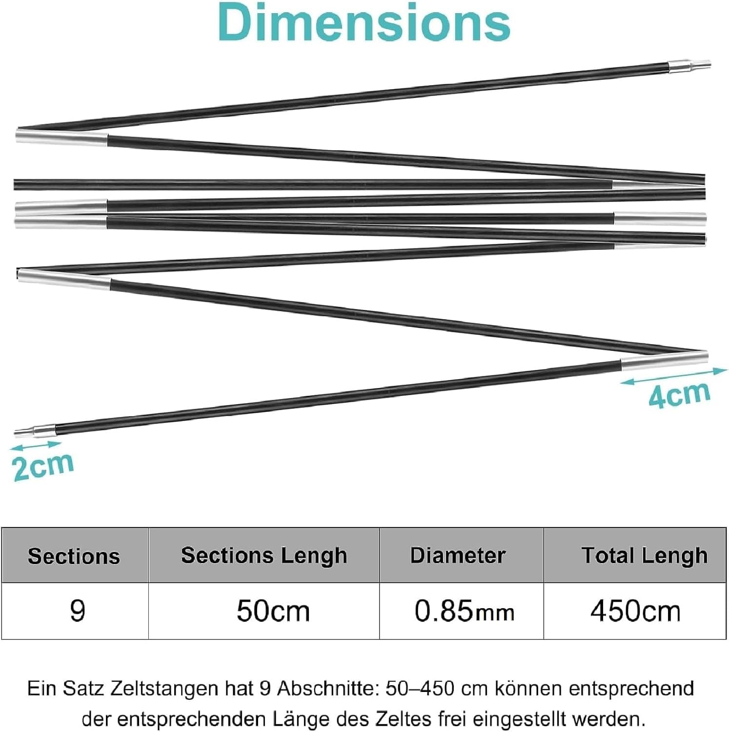 4,5 m Fiberglas Zeltstange Ersatz Zeltgestänge – Verstellbare Camping Zeltstangen mit Elastischer Schnur, Faltbare Glasfaser Zeltstangen Set für Zelt, Markise, Tarp & Outdoor Camping Zubehör