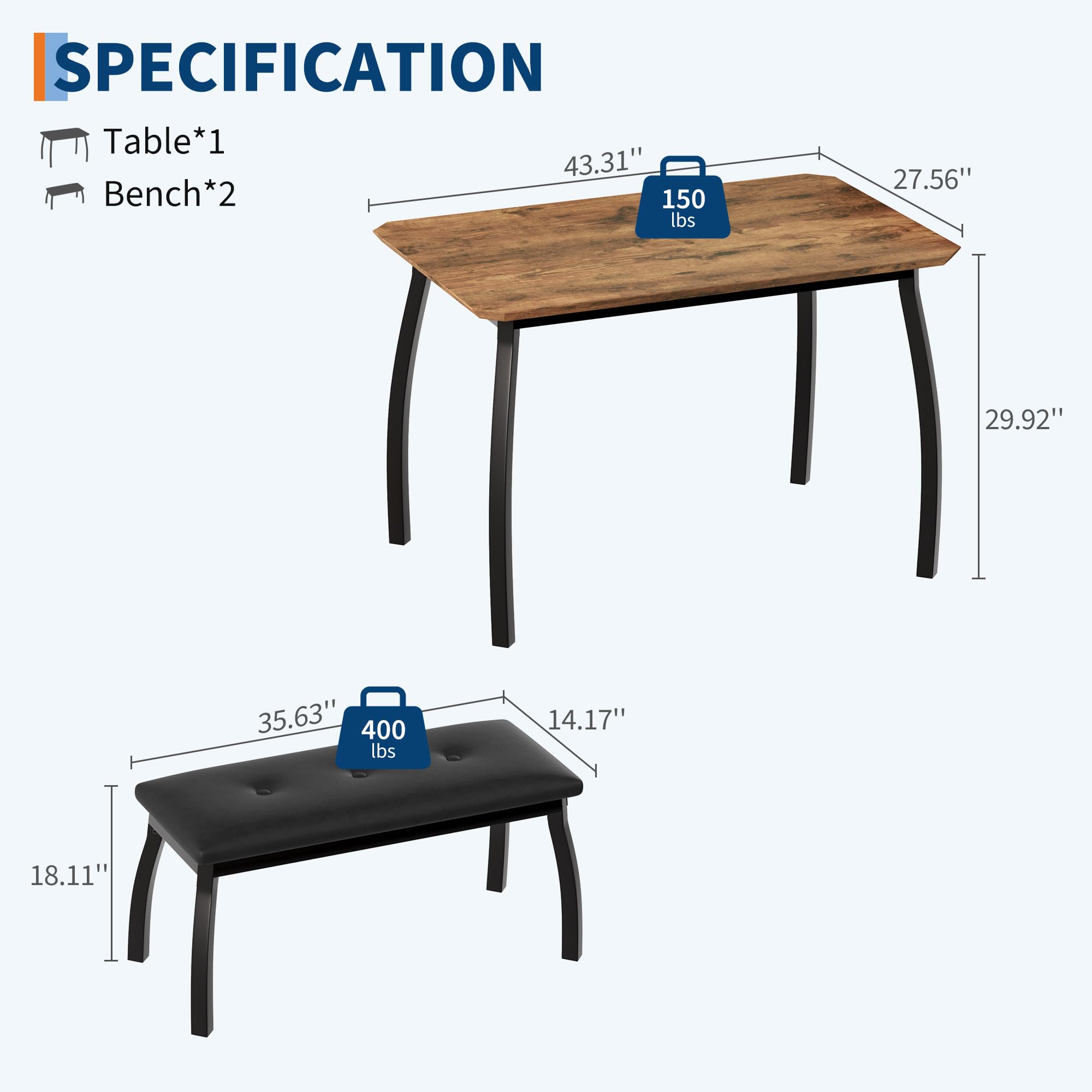 Set di 3 pezzi con tavolo da pranzo salvaspazio per 4 persone, con panca imbottita, moderno, rettangolare, in legno, tavolo e 2 comode panche in pelle PU, per sala da pranzo, cucina, bar, ristorante