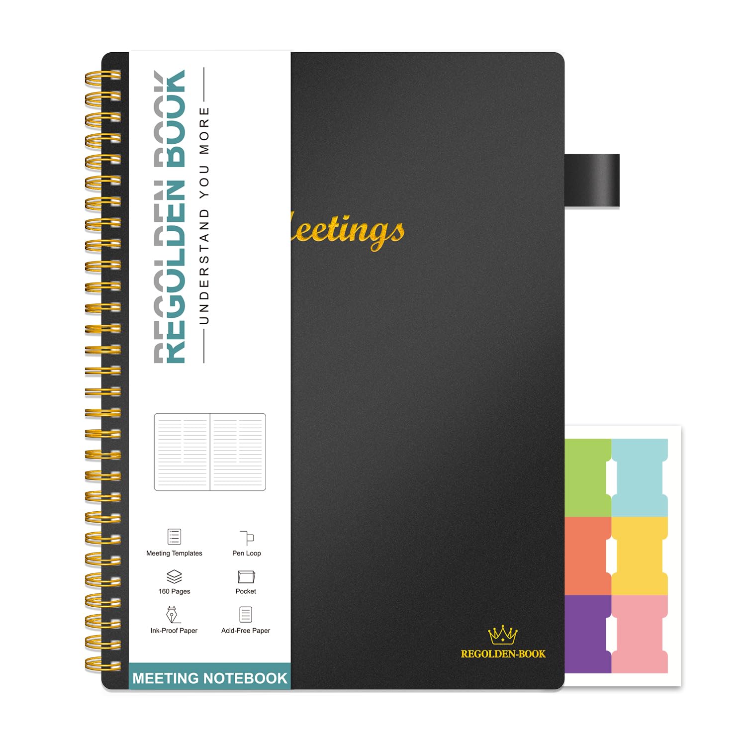 Regolden-Book Taccuino per riunioni per lavoro con oggetti d'azione, agenda per pianificare progetti per prendere appunti, appunti per ufficio/riunioni di lavoro, organizer per uomini e donne, 160