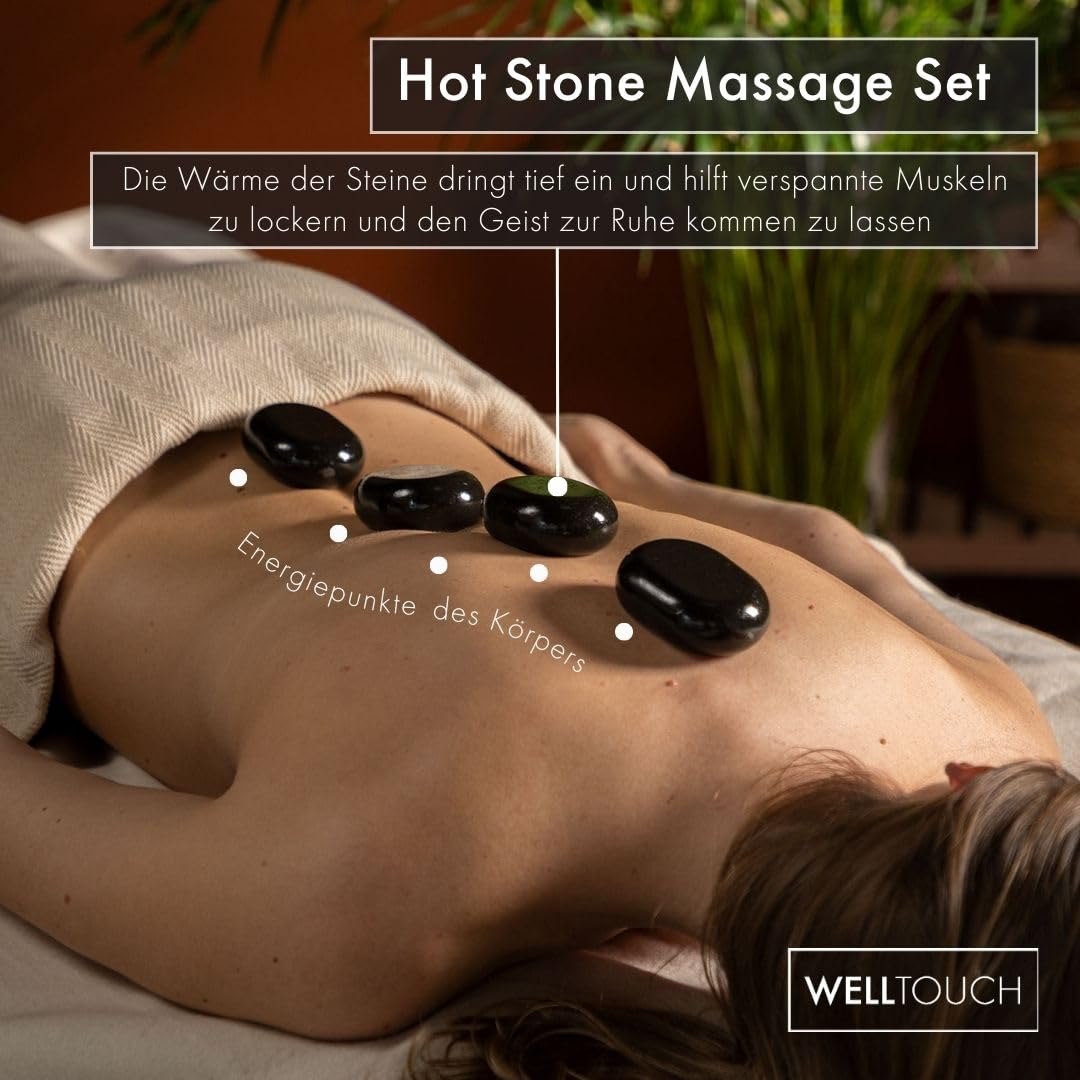 WellTouch Hot Stone Massage Set | 18 Basalt Massagesteine | Optimal als Hot Stone Einsteiger-Set | Geeignet für Privatanwender | Ideal für Spa, Massagetherapy & Entspannung