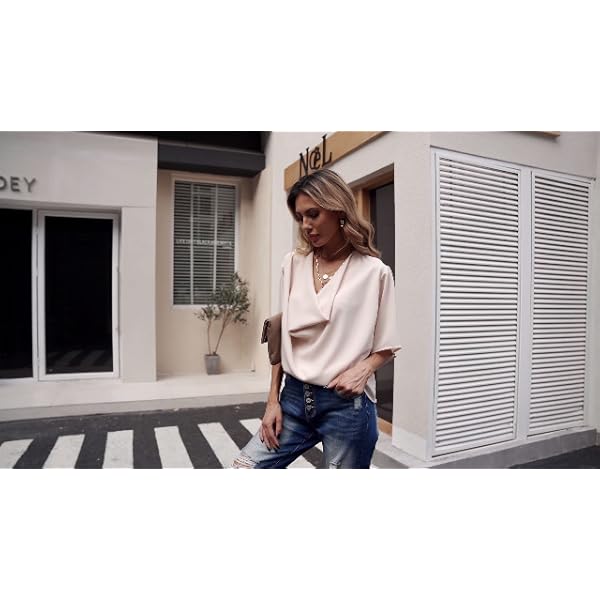HOTAPEI Womens Blouses and Tops for Work Fashion Casual Summer Short Sleeve Wrap V Neck Draped Front Office Blouses Loose Fit Tops Shirts Apricot