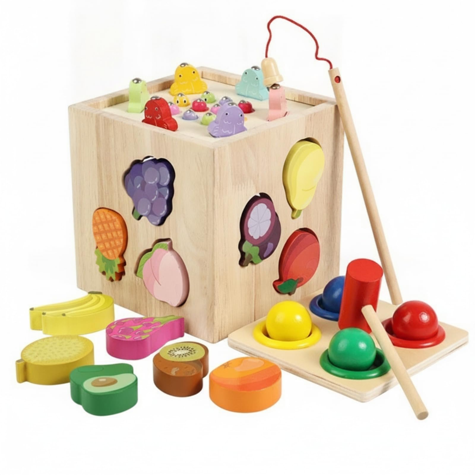 Blocchi Educativi Bambini Cubo attività Legno Cubo Sensoriale Multifunzionale Selezionatore Forme Frutta Martello in Legno Canna Pesca Pioli Superiori