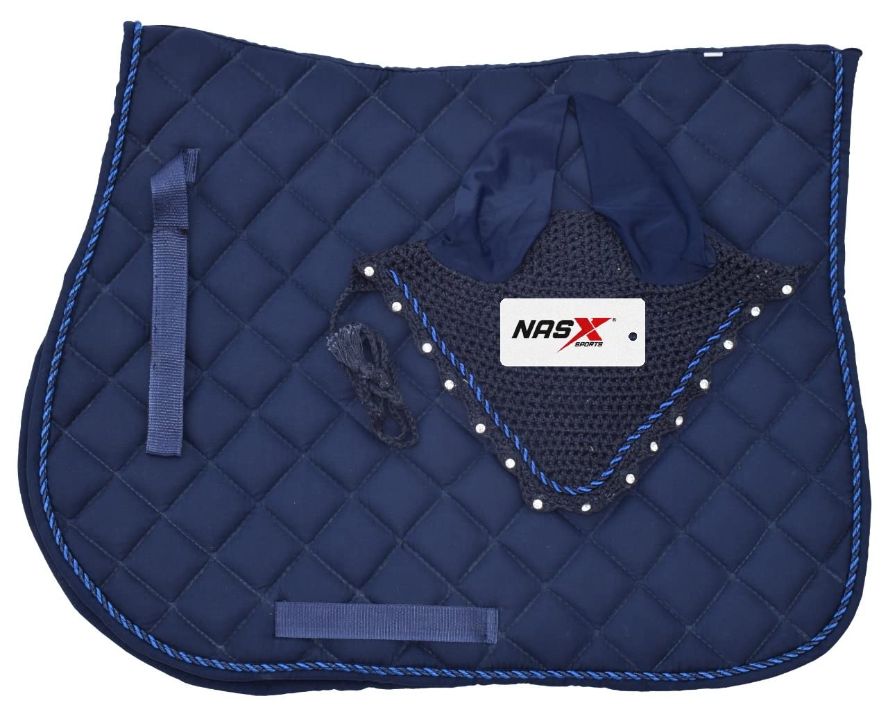 Saddle Pads with Matching Diamante Set Fly Veil Bonnet Ear bonnet Padded Numnah (FULL, Navy Blue) โ image 1