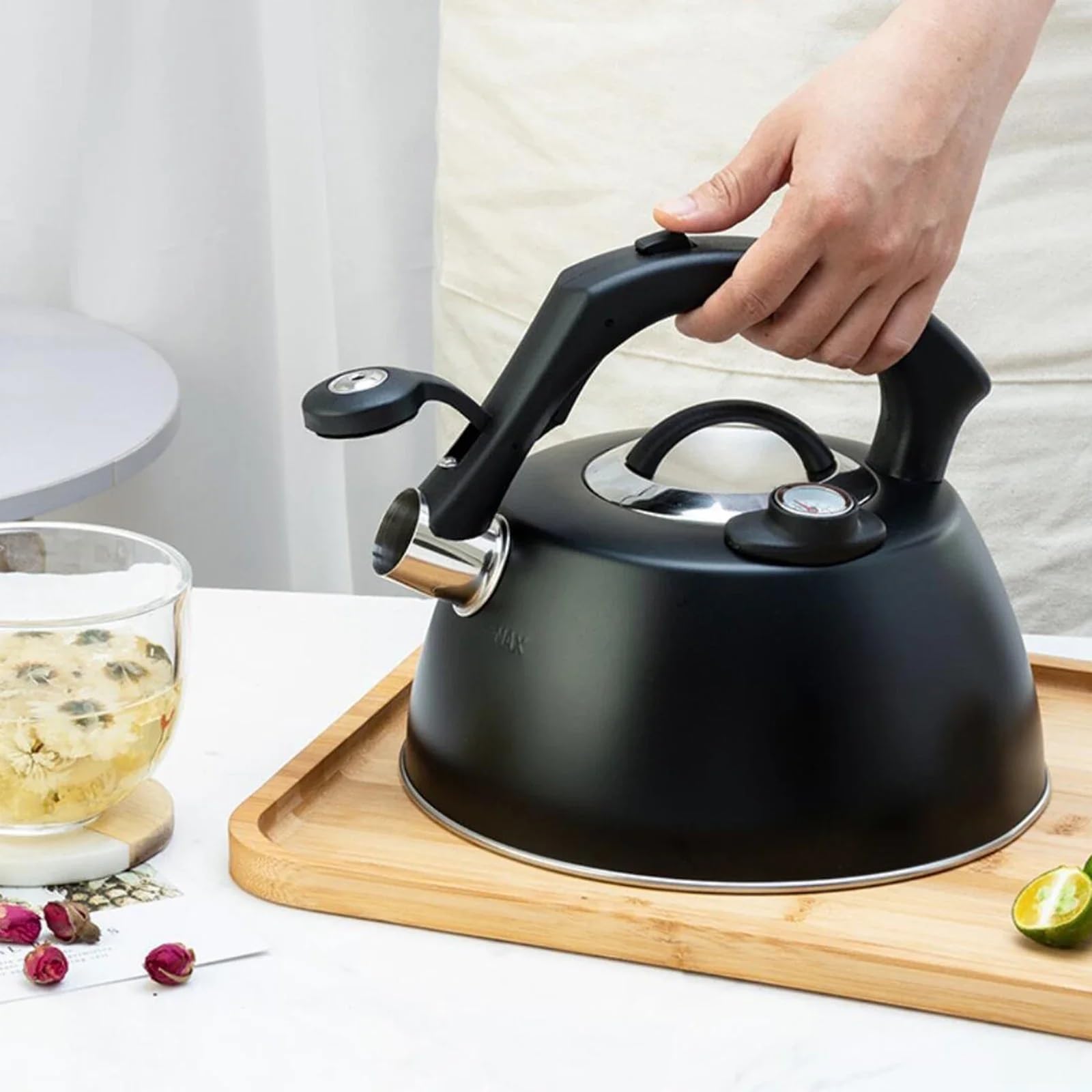 hervidor esmaltado, Tetera de acero inoxidable con termómetro(Black 2.5L)