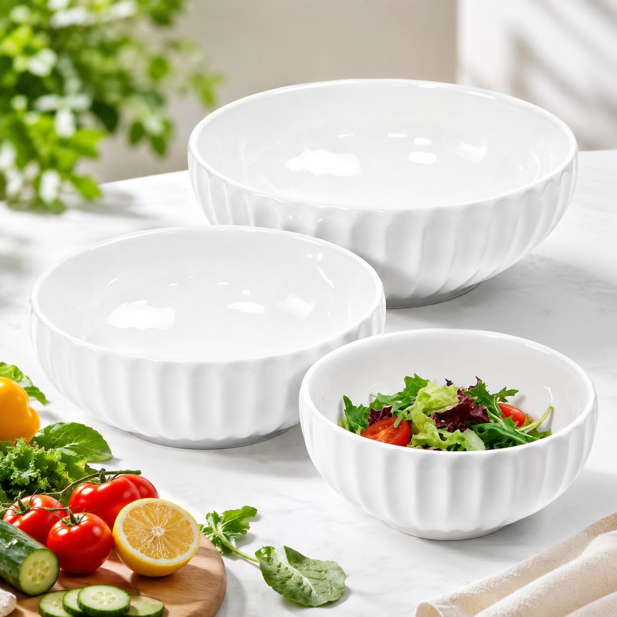 Xygobla White Large Serving Bowls,3Pcs Ceramic Soup Bowls 2.5 + 1.5 + 0.7 L,Dishwasher And Microwave Safe,Porcelain Fruit Serving Bowl Large Salad Bowl For Noodle Ramen,Fruit,Dessert,Cereal,Pasta,25+20+15Cm