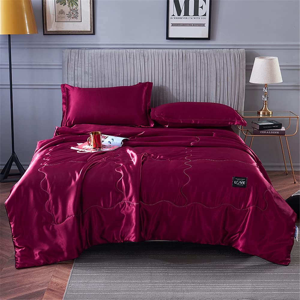 Surwin Burgundy Red Luxury Quilted Bedspread, Silky Washed Silk Fabric Coverlets Quilt, Plain Single Double King Size Lightweight Easy Care Throws Blanket Patchwork Bed Sheet (,150X200cm)