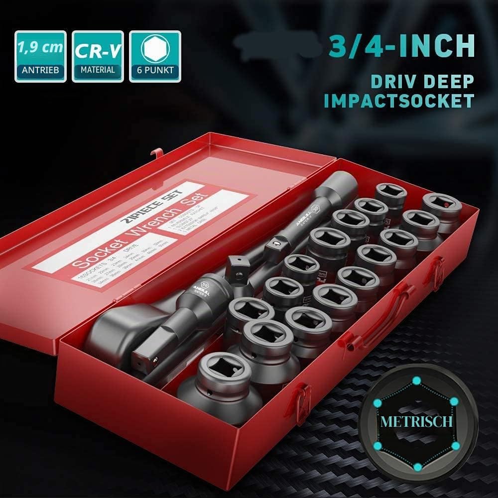 Anbull 21PCS Schlagschrauber Nuss Set, schlagschrauber nüsse 3/4, 3/4'' Stecknuss Adapter, Standardmetrische Größen (21-50 mm) | Cr-V Stahl-Steckschlüsselsatz