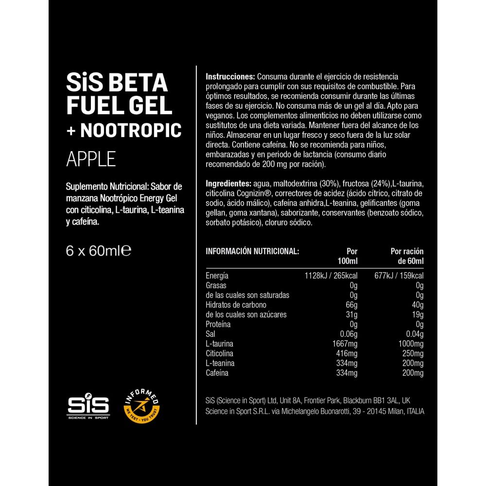 Science in Sport BETA Fuel + Nootropics Gel 6x60ml Manzana - Gel energético rico en carbohidratos con 40g de hidratos de carbono, Energy gel para deportes de resistencia