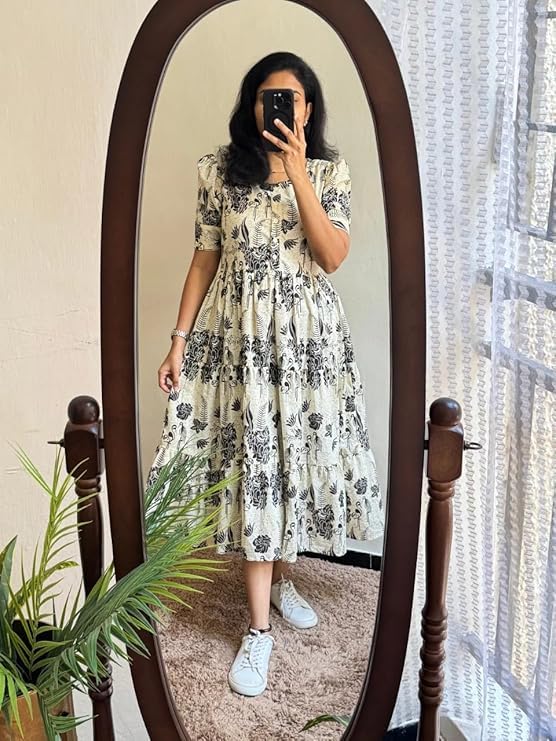 Image of Women's Pure Cotton Maxi Midi Dress Western Dress for Women Elegant Floral Printed Long Dresses | Soft & Breathable Fabric | Casual Trending Dress
