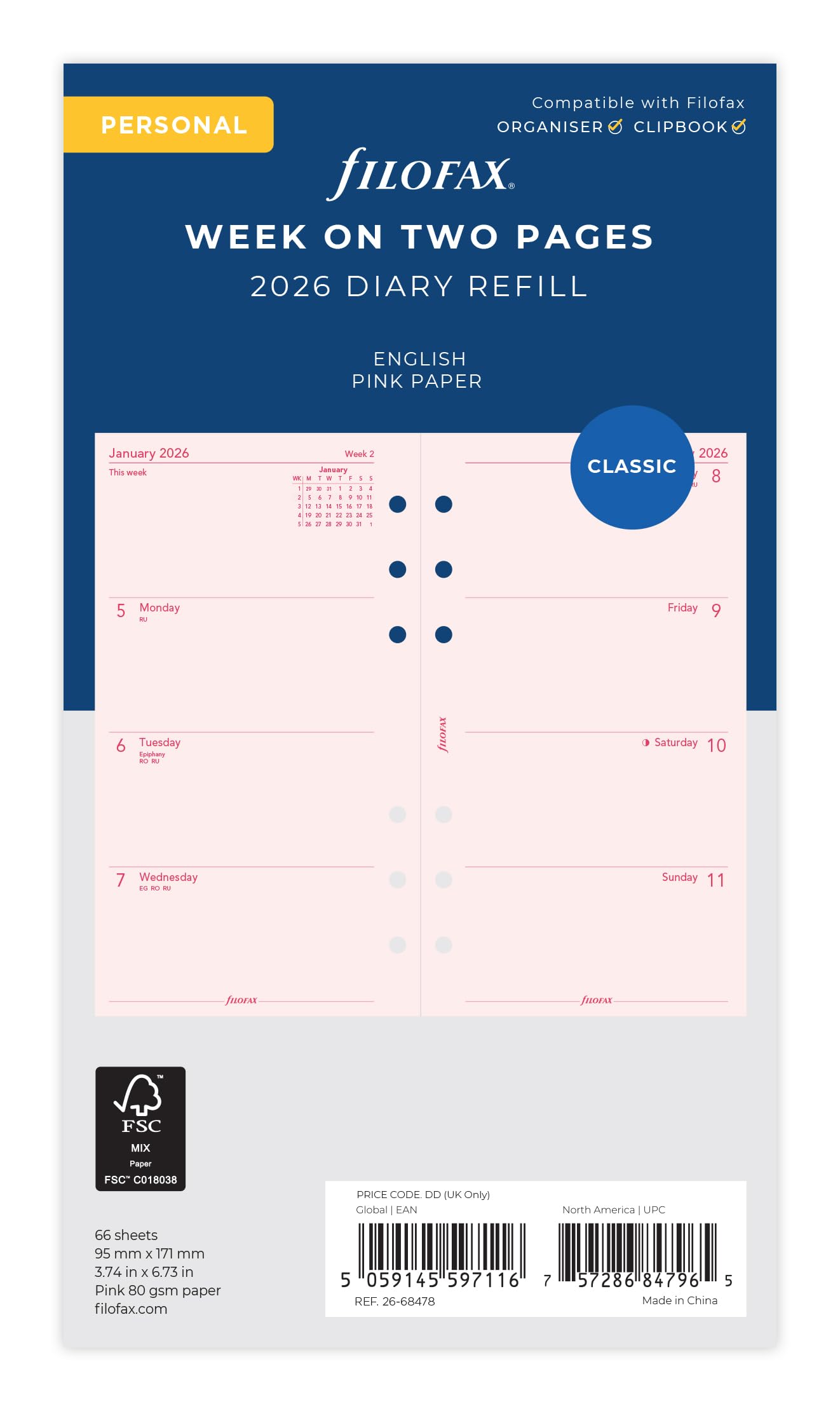 Filofax Personal week on two pages Pink English 2026 diary 26-68478, 95 x 171 mm