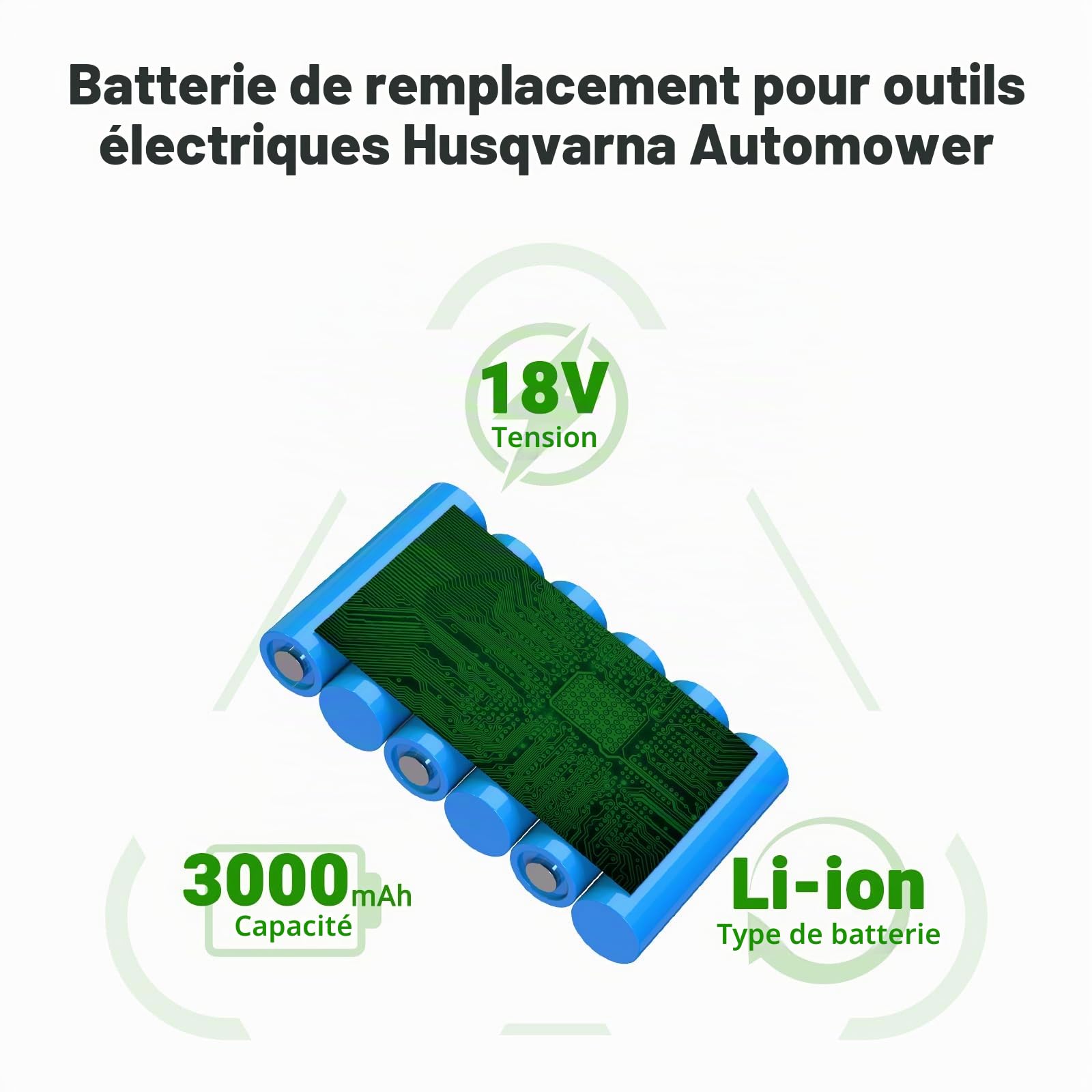 Batterie Li-ION de Rechange 18V 3000mAh pour Husqvarna Automower 115H/305/310/315/520, Limited 2020, Sileno City 2018/250/400/500, Sileno Life 1000/1250/2019/750/850, Sileno+ R100Li/+ R130Li/R160Li