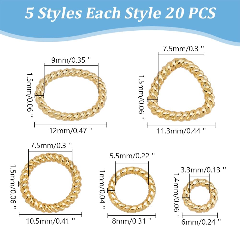 arricraft 100 Pcs Alloy Linking Rings, 5 Styles Gold Ring Triangle Oval Twisting Connector Rings Metal O Ring Connector Linking Rings Chain Links for Necklace Jewelry DIY Crafting - Image 2