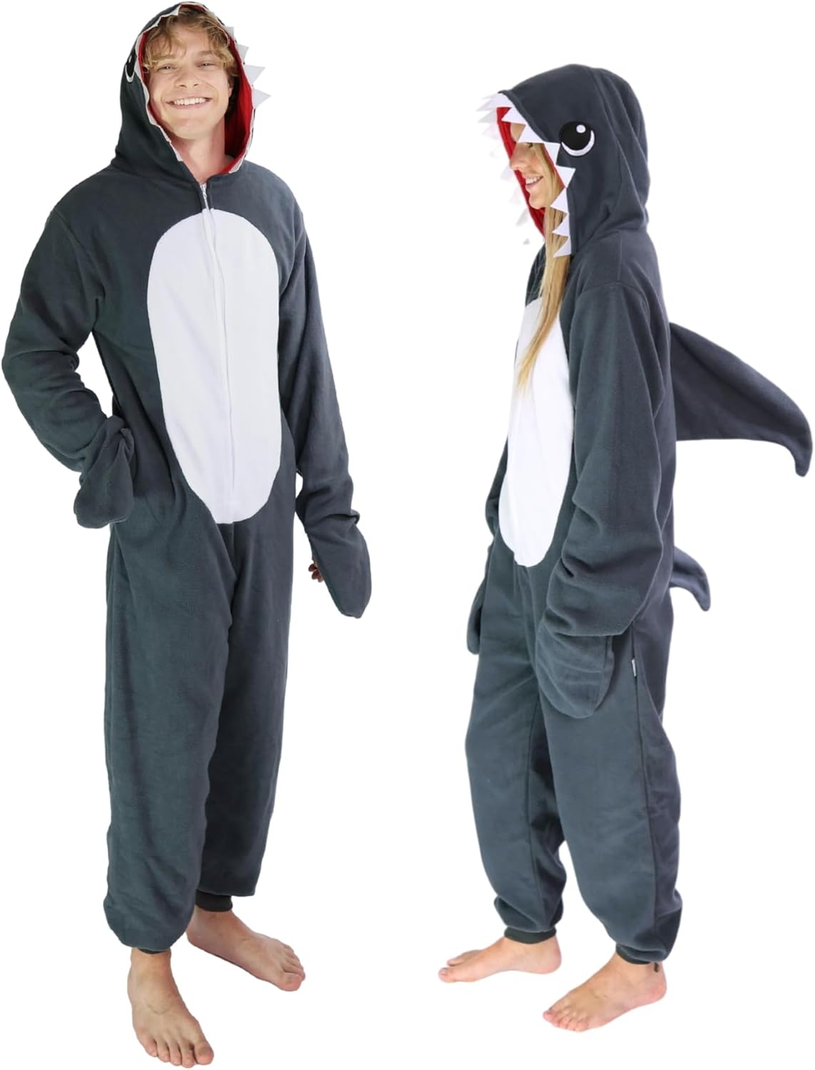 Funziez! Slim Fit Adult Onesie - Animal Halloween Costume - Plush Fruit One Piece Cosplay Suit for Women and Men Medium Great White Shark