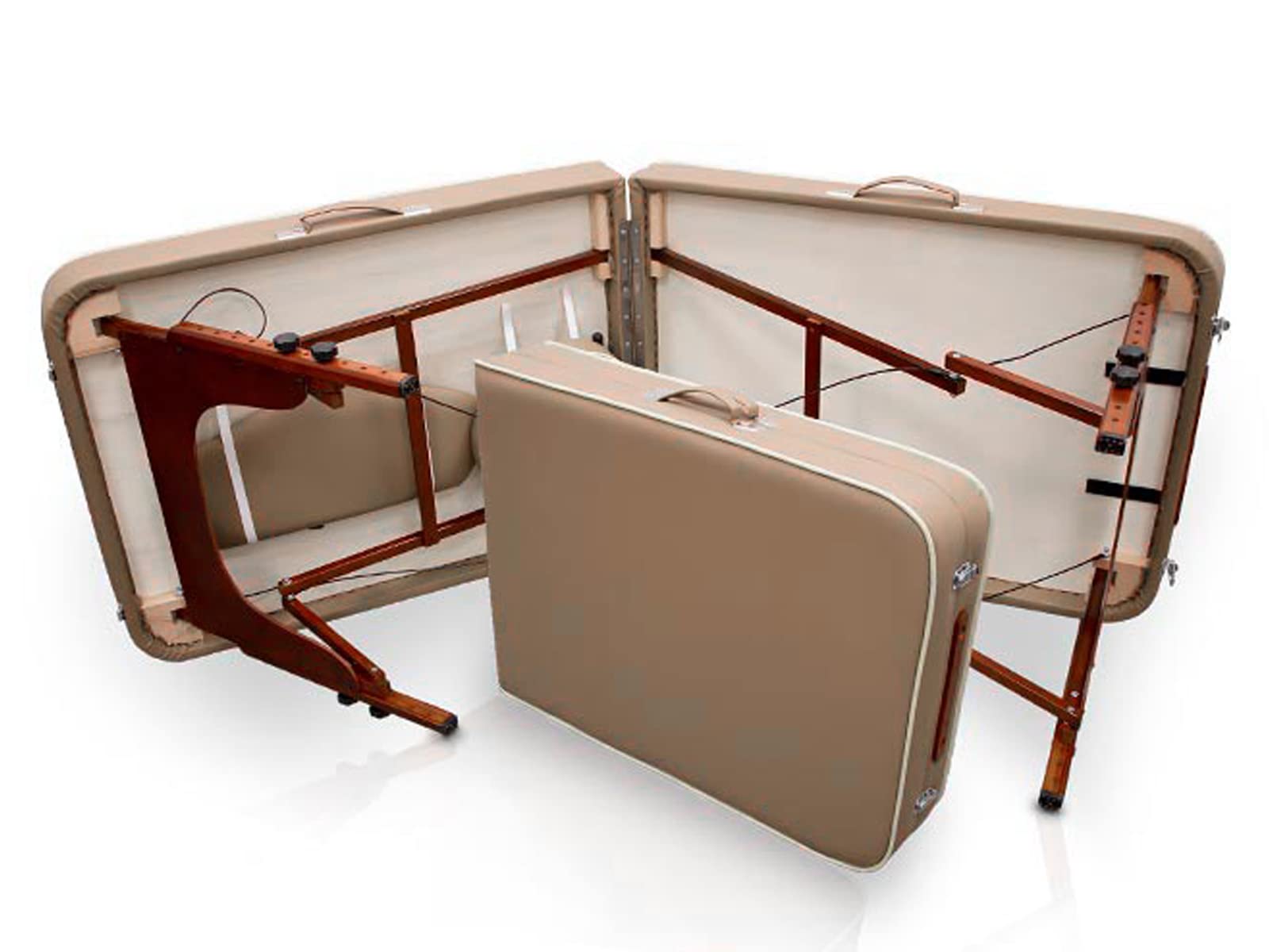 QUIRUMED Lettino da massaggio per SPA, portatile, in legno, colore beige, legno verniciato, similpelle, imbottitura ad alta densità, altezza regolabile, pieghevole, testa rimovibile, fino a 210 kg