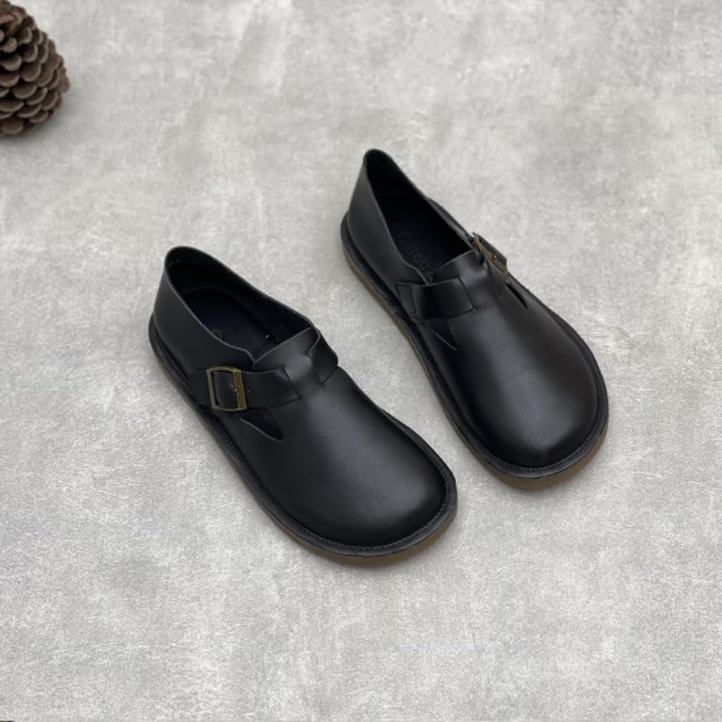 Zapatillas Mujer Planos Piel Auténtica Hebilla Punta Estilo Vintage