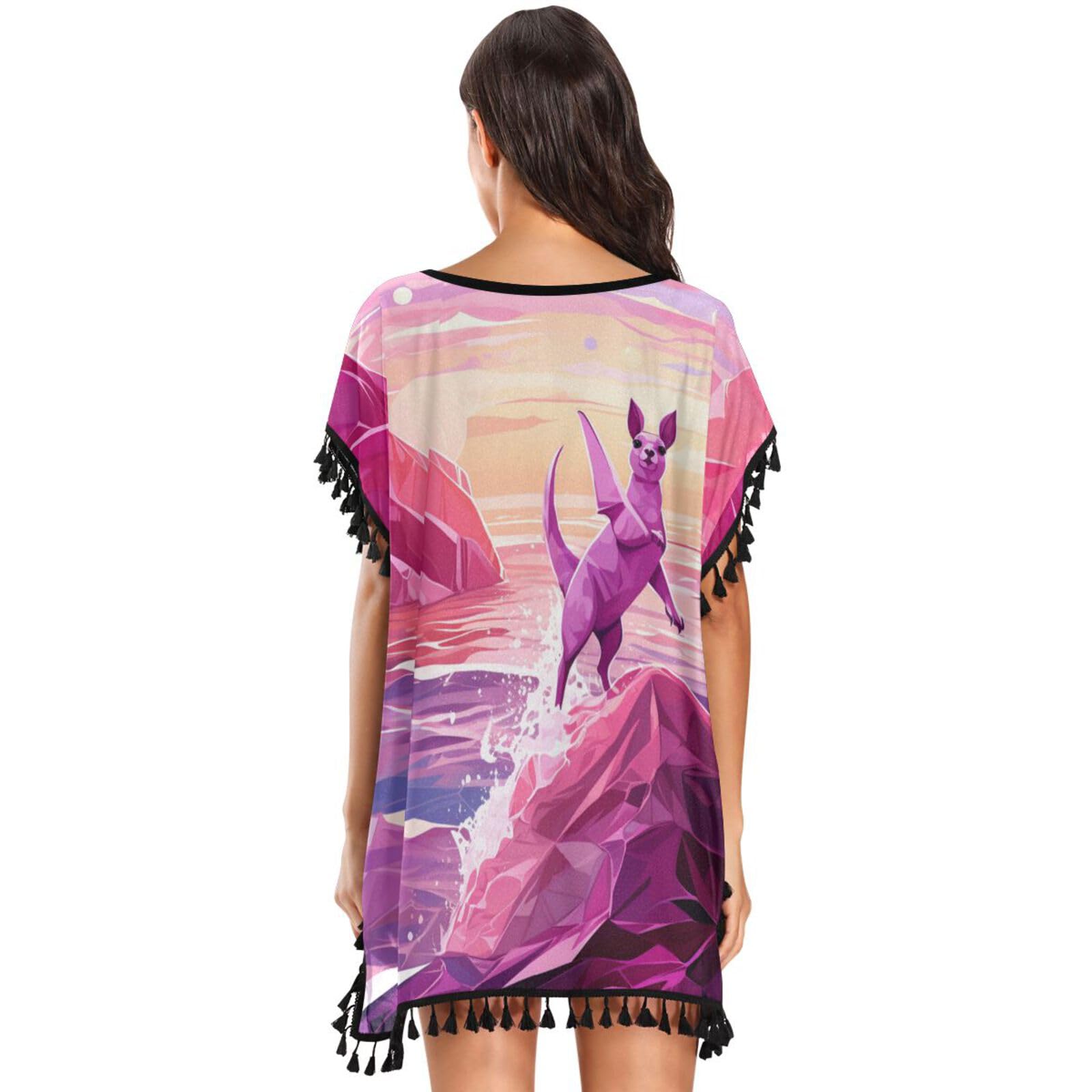 Pink Kangaroo Abstract Art Women's Beach Cover Up Chiffon Tassel Swimwear Swimsuit Coverups for Girl