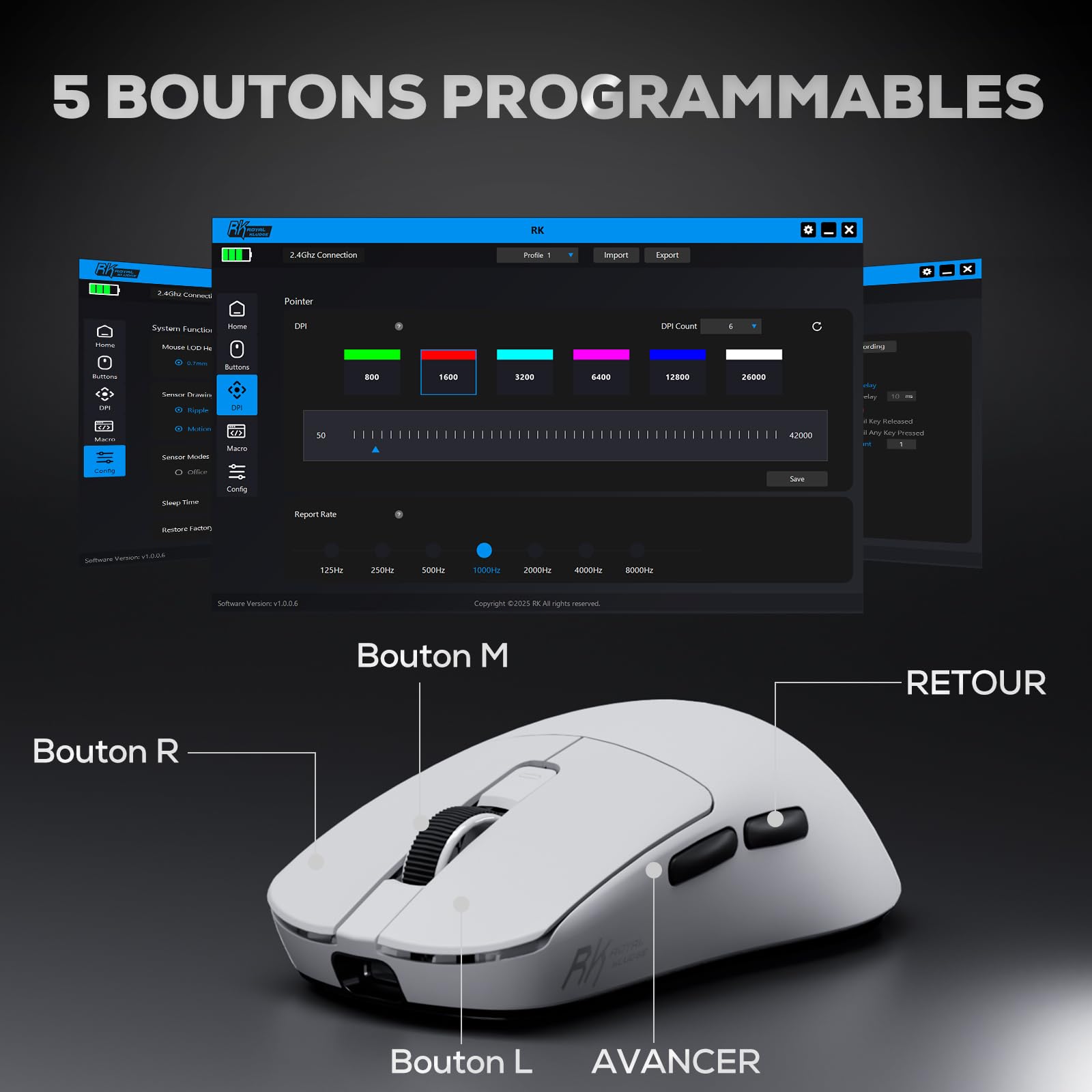 RK ROYAL KLUDGE M3 Souris Sans Fil 47g Ultra-Légère avec Capteur de Haute Précision PAW3950, Souris Gamer 3 Mode (BT / 2.4G / USB-C), 30K DPI, 6 Adjustable, Batterie 650mAh, Confort Ergonomique, Blanc