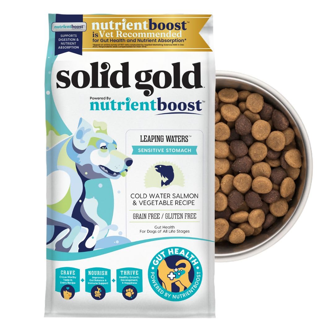 Solid GoldSalmon Dog Food for Sensitive Stomachs – Grain Free & Gluten Free Kibble w/Probiotics to Support Gut Health & Digestion - Sensitive Stomach Dog Food for All Ages – Nutrientboost™ – 22 LB