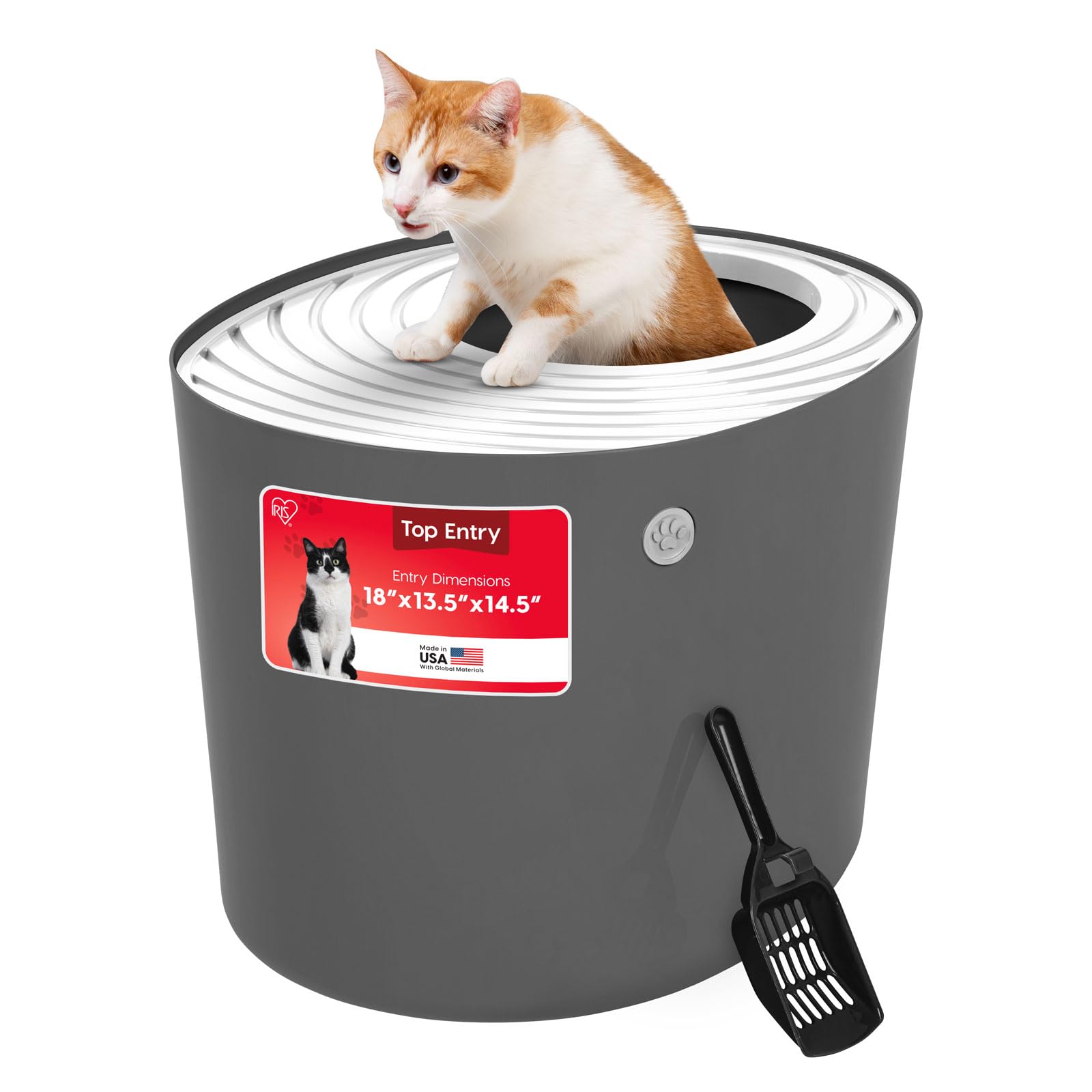 IRIS USA Cat Litter Box, Large Top Entry with Litter Catching Lid and Scoop, Dog Proof, Cat Box Enclosure, Dark Gray/White