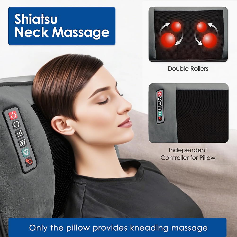 Colchón de Masaje Térmico, Cojín Masaje Shiatsu Masajeador de Cuello Espalda y Hombros con 10 Motores Vibrantes para Relajar Dolores Musculares, Dormirse