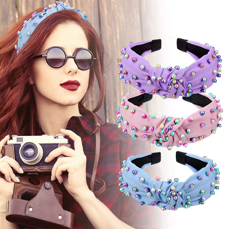 Cozy Manor Women Headbands, 3Pcs Knotted Head Bands No Slip Fashion for Girls Top Knot Turban Hair Hoops Pearl Hair Bands for Women's Hair Fashion Hair Accessories for Girls