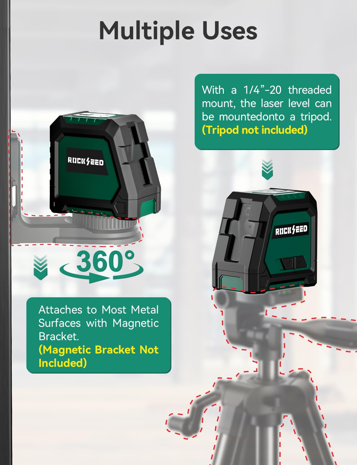 RockSeed Nivel Láser de Módulo Dual, Nivel de Línea Autonivelante,Haz Verde Horizontal y Vertical de 150 °, 2 Baterías AA,Bolsa de Transporte,para Decoración del Hogar/Bricolaje/Sitio de Construcción