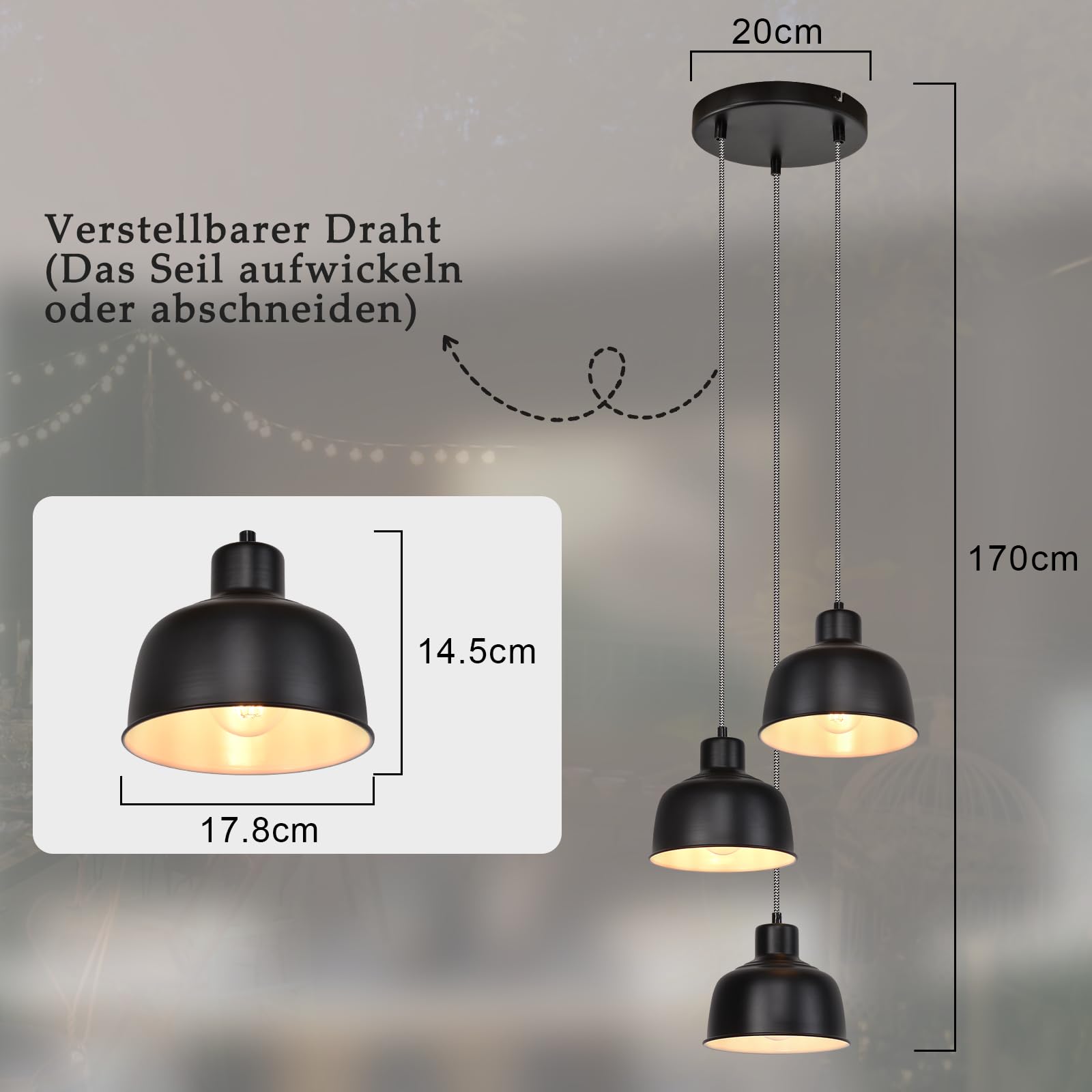Pendellampe tavolo hängelampe vintage esszimmer industriale lampada | rond 3 flammig retro hängeleuchte nera metallo schermo E27 per cucina soggiorno