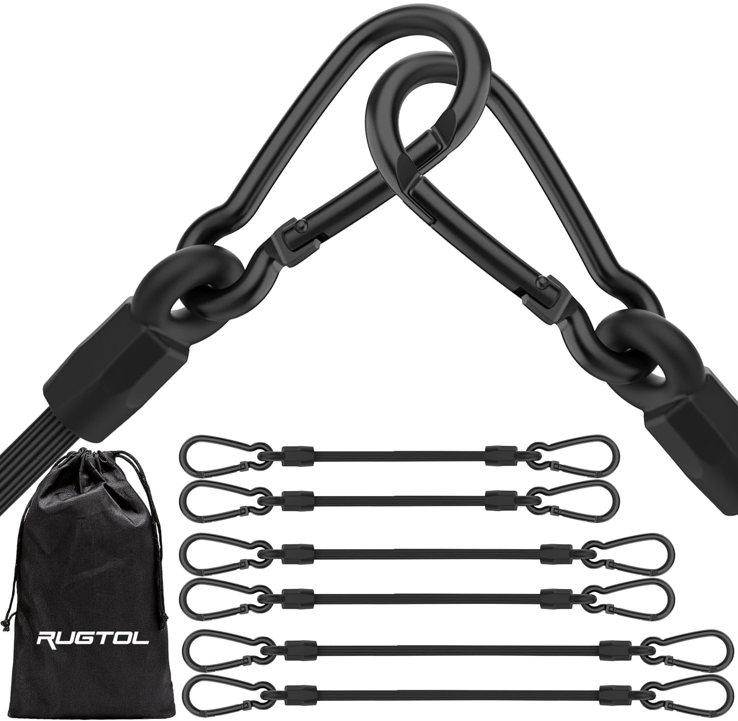 Cuerdas elásticas con ganchos de clip Rugtol, paquete de 6 correas elásticas extra fuertes negras