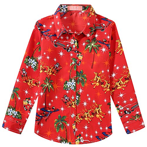 Image of SSLR-Big-Girls-Christmas-Shirts-Santa Claus Reindeer Ugly Hawaiian Christmas Shirts Button Down Long Sleeve Funny