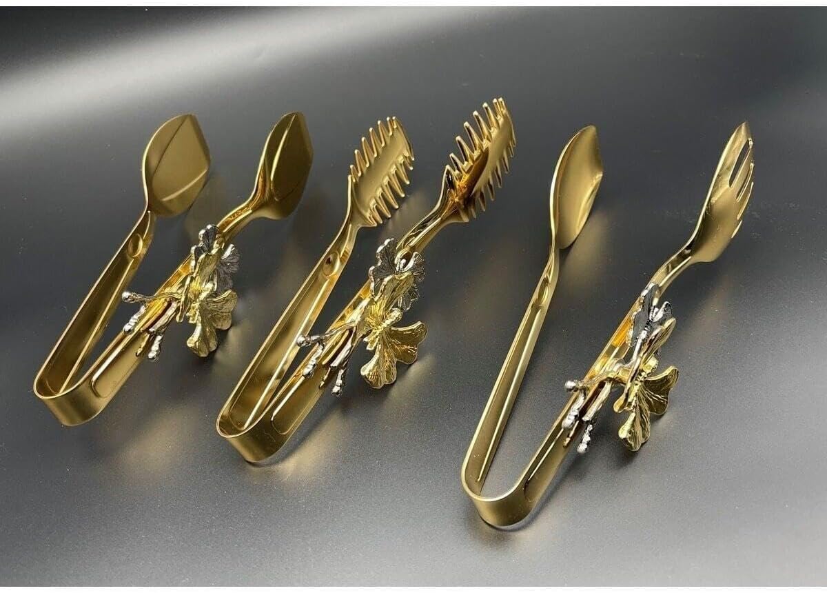 Serving Tongs Set 3-Piece Titanium Coated Stainless Steel Gold Butterfly Design for Salad, Appetizers, Dessert, Buffet - Gold