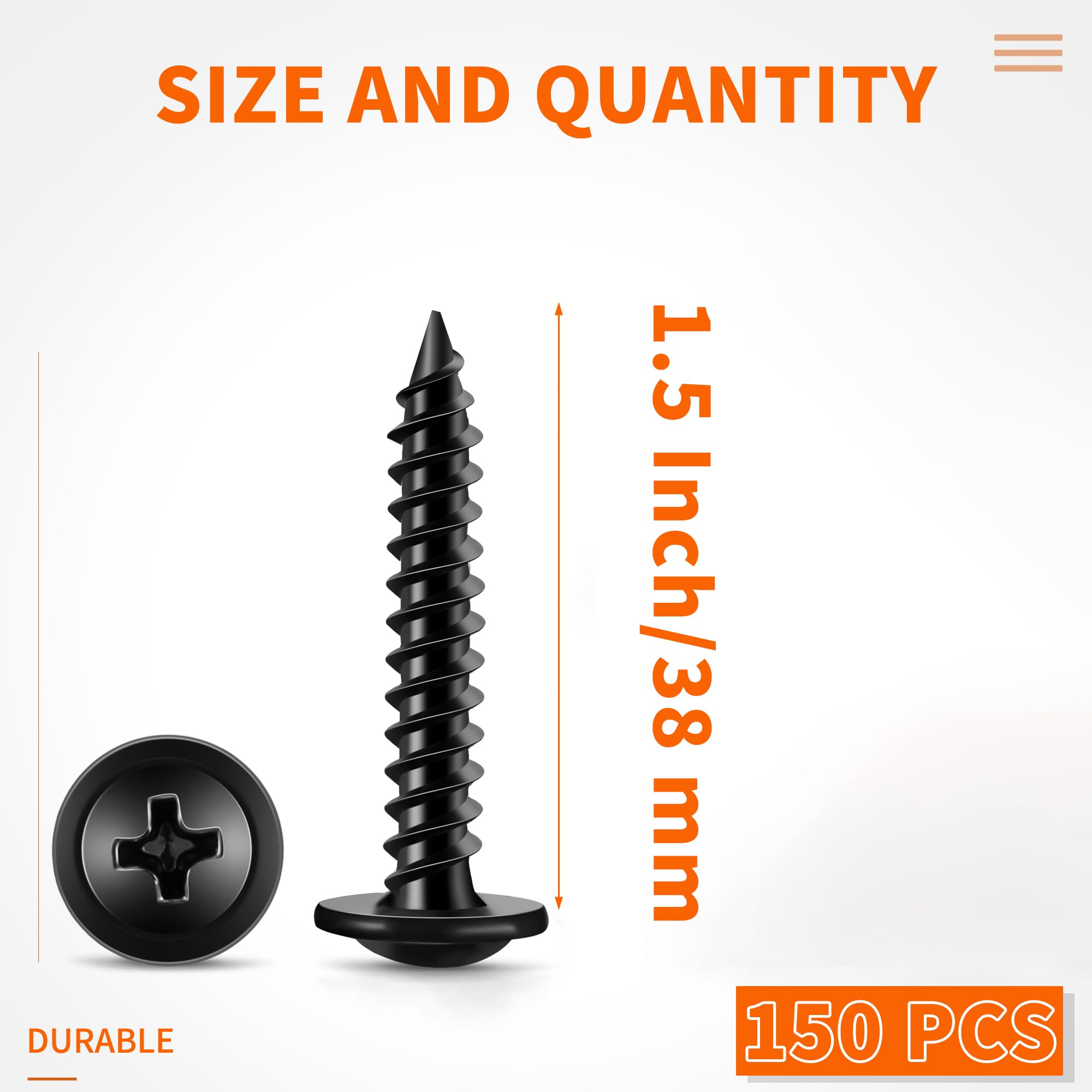 150 PCS Black Washer Head M4.2 X 38 mm Wood Screws, Hardened Steel Multipurpose Screw - Image 2