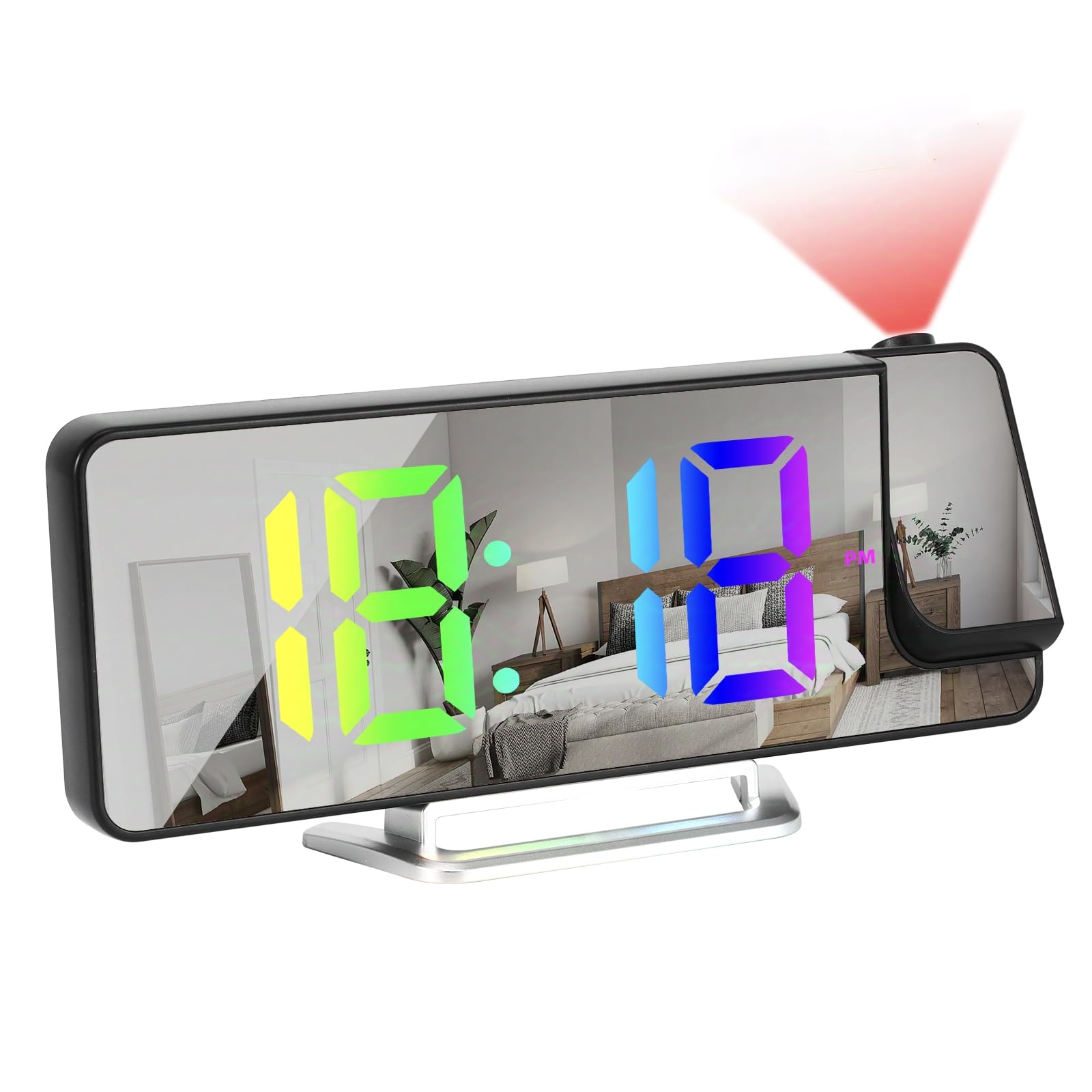 Sveglia con Proiettore, Orologio Digitale 8,1" RGB, 3 Livelli di Luminosità, Proiezione Regolabile a 180°, Orologio con Termometro, Doppia Sveglia 12/24H, Display LED, Ricarica USB