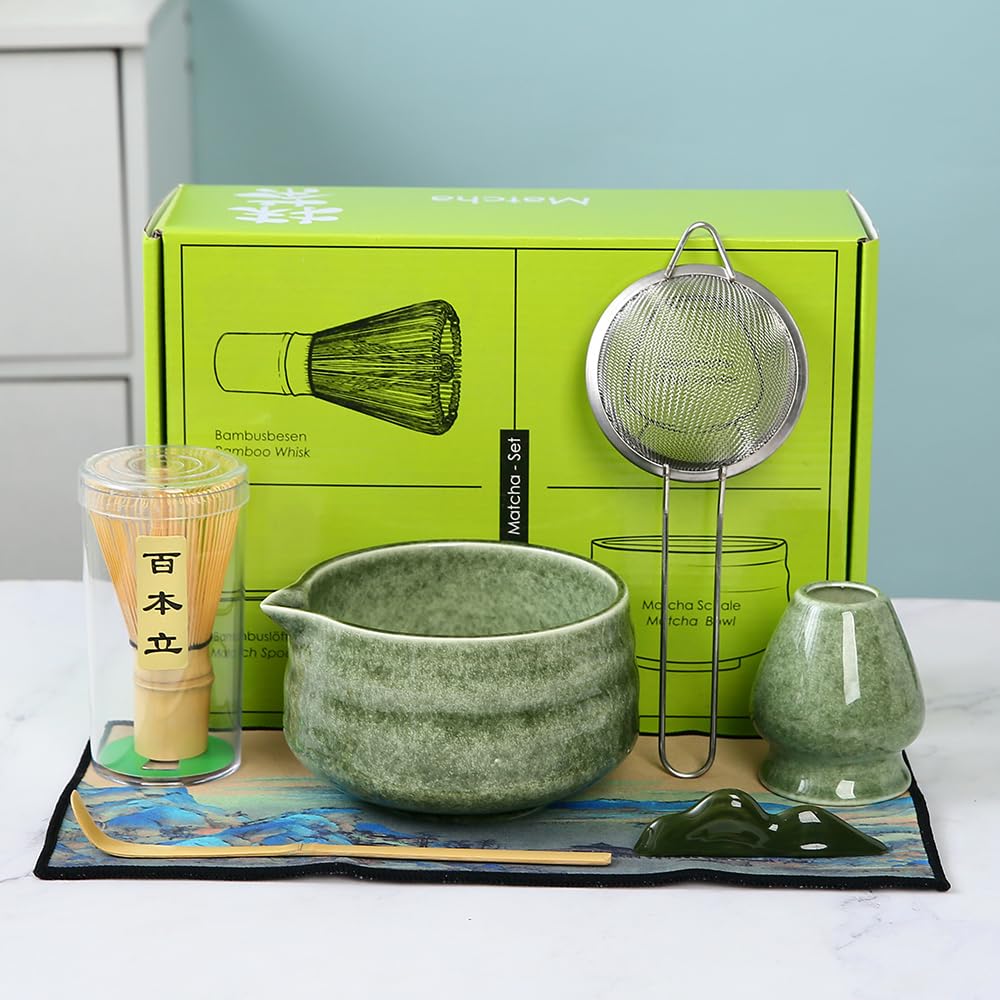 7pcs Matcha Whisk Set for the Perfect Tea Ceremony - Matcha Bowl with Spout, Whisk, and Scoop Matcha Whisk