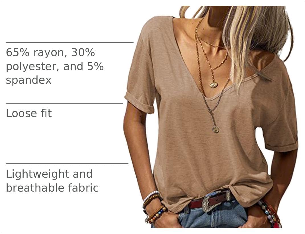 Danedvi Women Deep V-Neck Short Sleeve Tops Solid Casual Loose T Shirt image 3