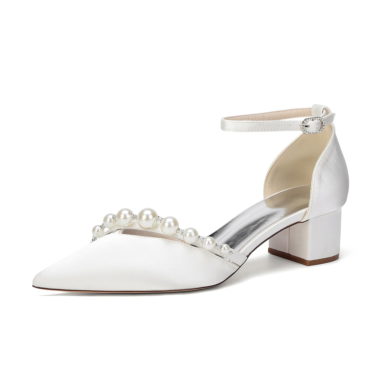 Buty Ślubne Damskie Kość Słoniowa Satynowe Czółenka na Słupku 4.5cm, Szpilki z Perłami i Paskiem wokół Kostki, Eleganckie Buty Wieczorowe