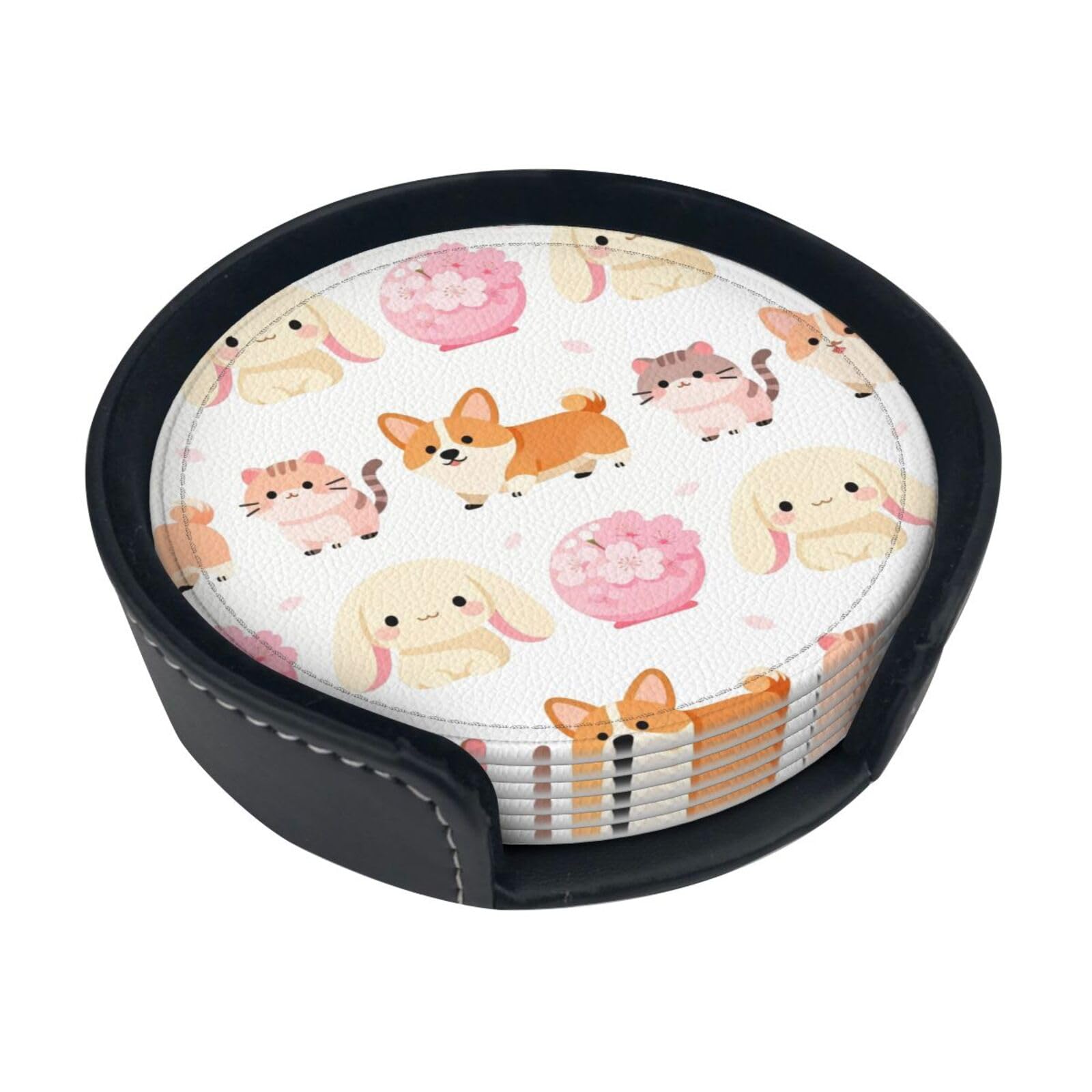 Cute animals Leather Coasters-Set of 6 with Storage Holder