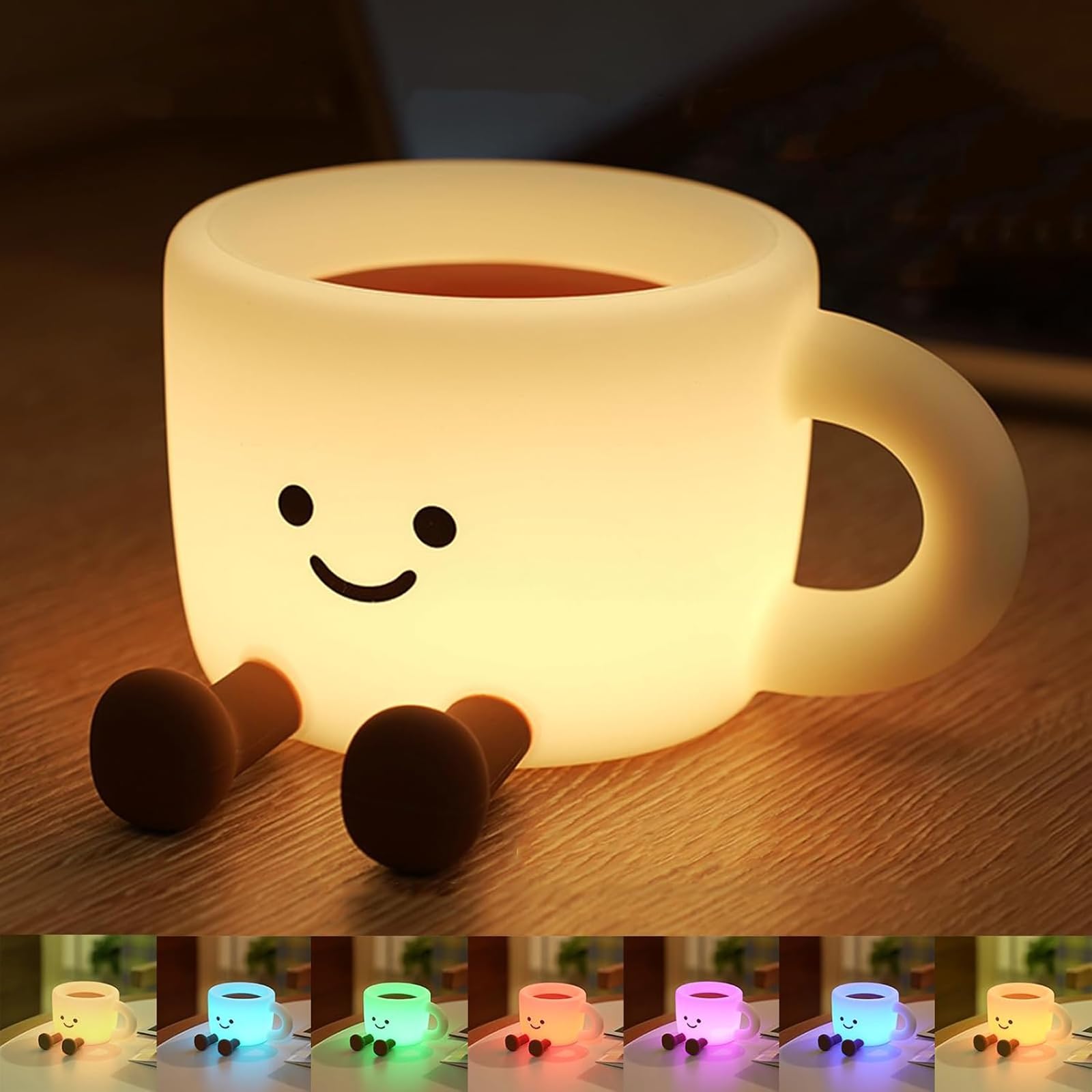AVEKI Night Light for Kids, 7 Colors Cute Coffee Cup Touch LED Night Lamp, 3-Level Dimming & Timer, Soft Silicone Bedside Nursery Nightlight for Bedrooms, Funny Gifts for Boys Girls Baby (RGB Light)