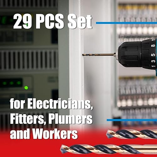 Miniatura 3 de HIGHFIRE Mechanics - Juego de brocas mecánicas M2 HSS de alta resistencia con negro y dorado, juego de brocas helicoidales de 3 vástagos planos para