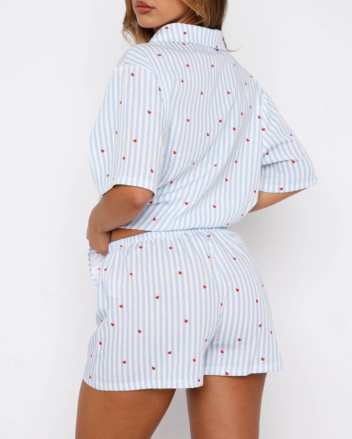 Women Valentines Pajamas Sets Cute Heart Print Pjs Set Short Sleeve Button Down Tops and Shorts Loungewear - Image 3