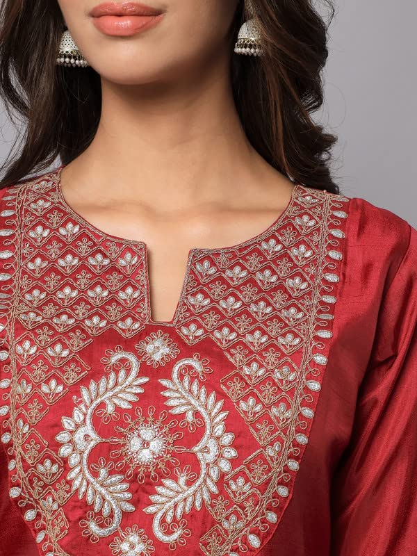 Image of VredeVogel Women's Cotton Silk Blend Embroidered Viscose Print Kurta Pant With Dupatta Set